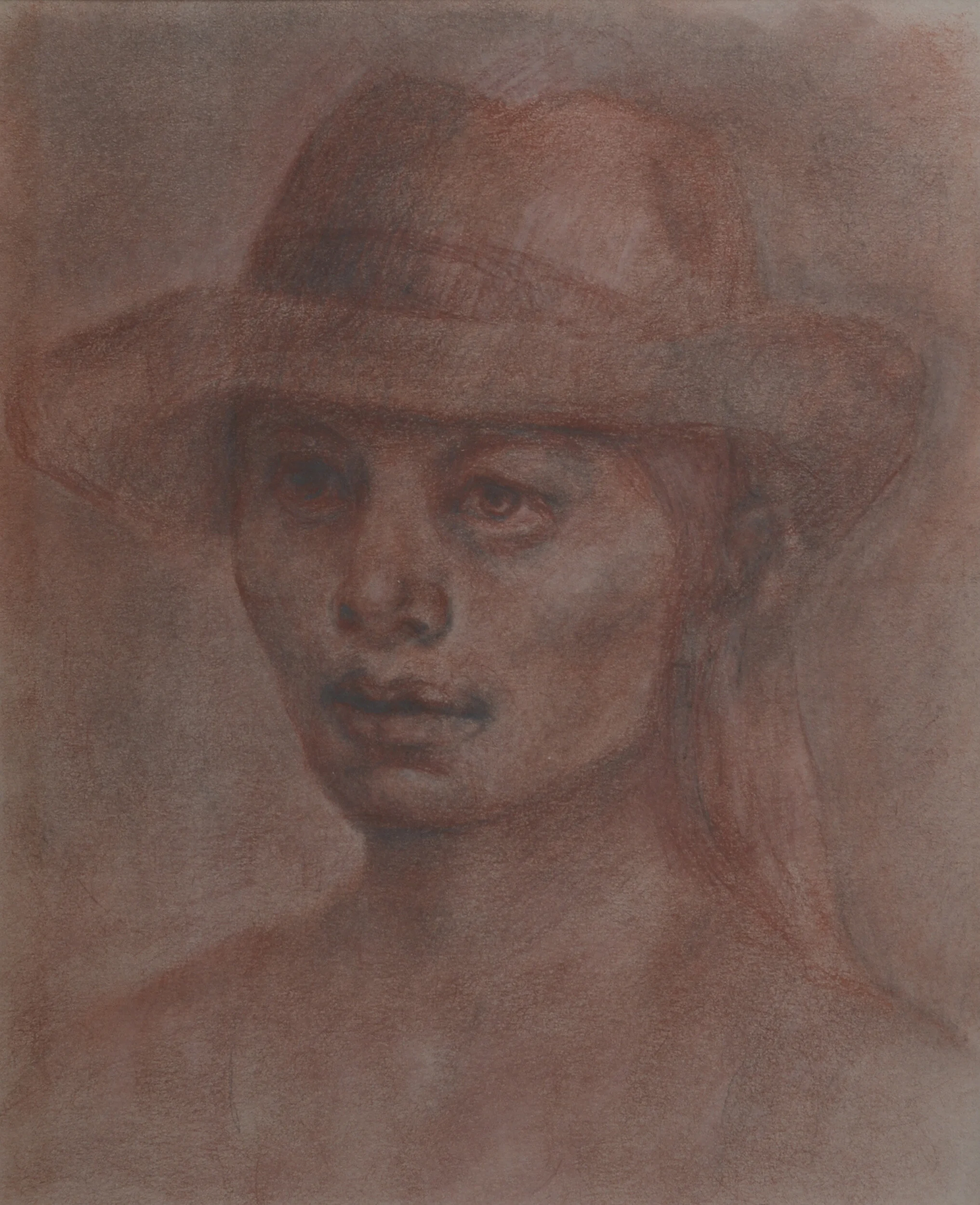 "Woman wearing sunhat"  charcoal drawing  26x33