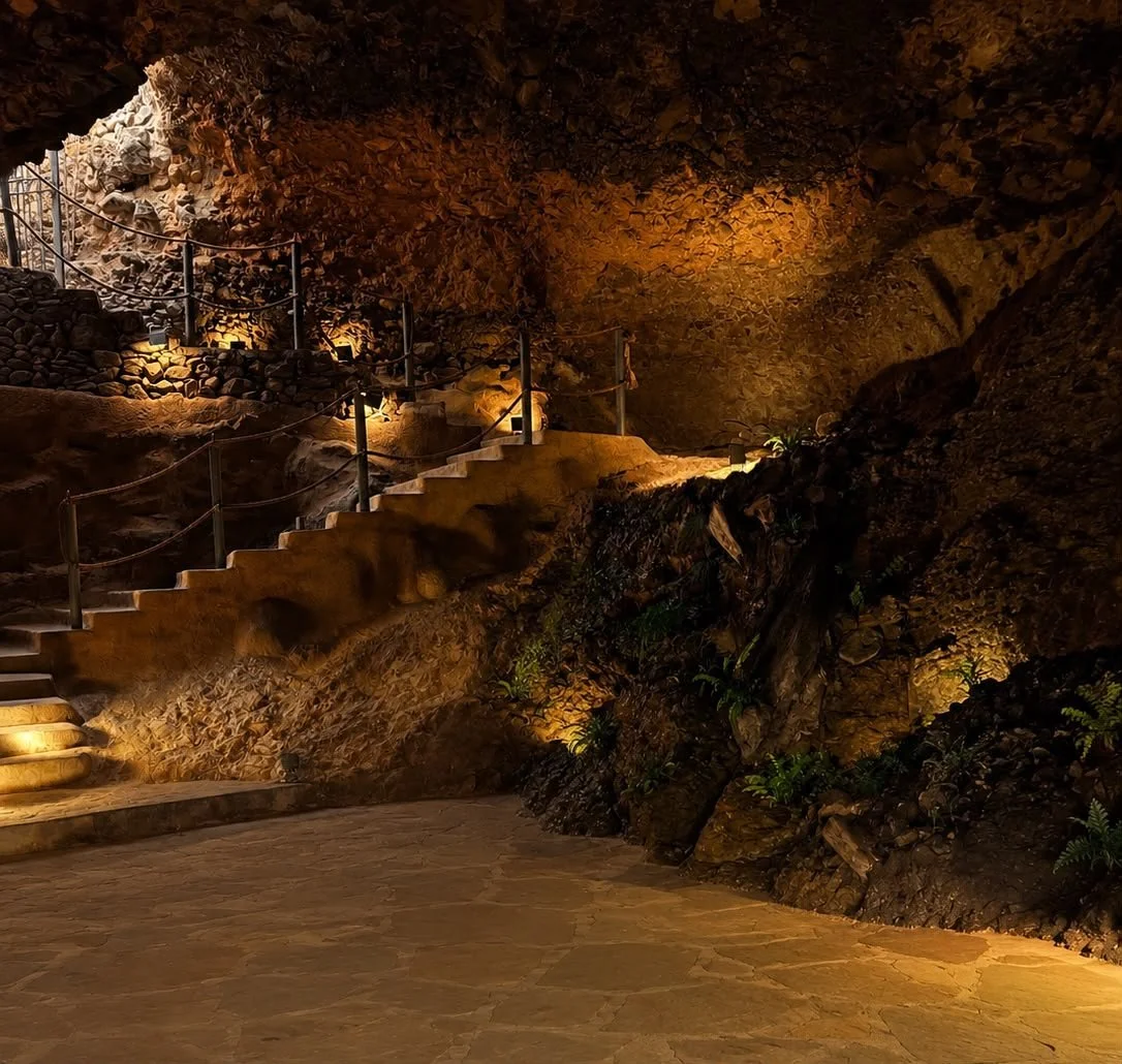 Underground cave with stone steps and railings, illuminated by warm yellow lighting, with rocky walls and ceiling, and small plants growing on the rocks.