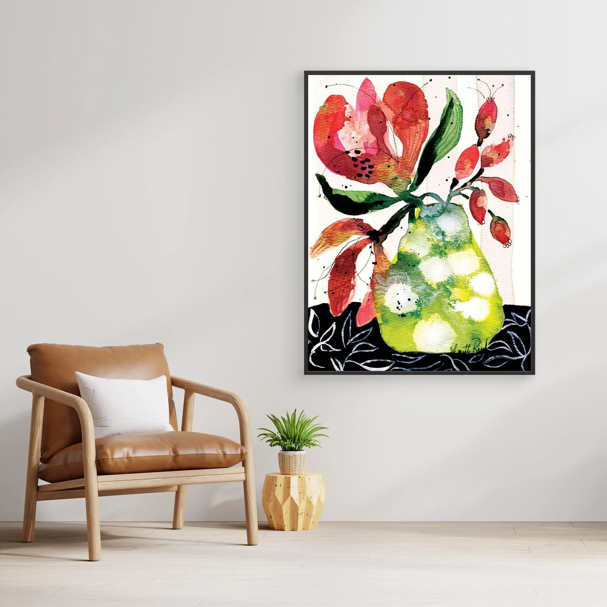 Pink Blooms in Chartreuse canvas art print by Lynette Reed shown framed in a room setting