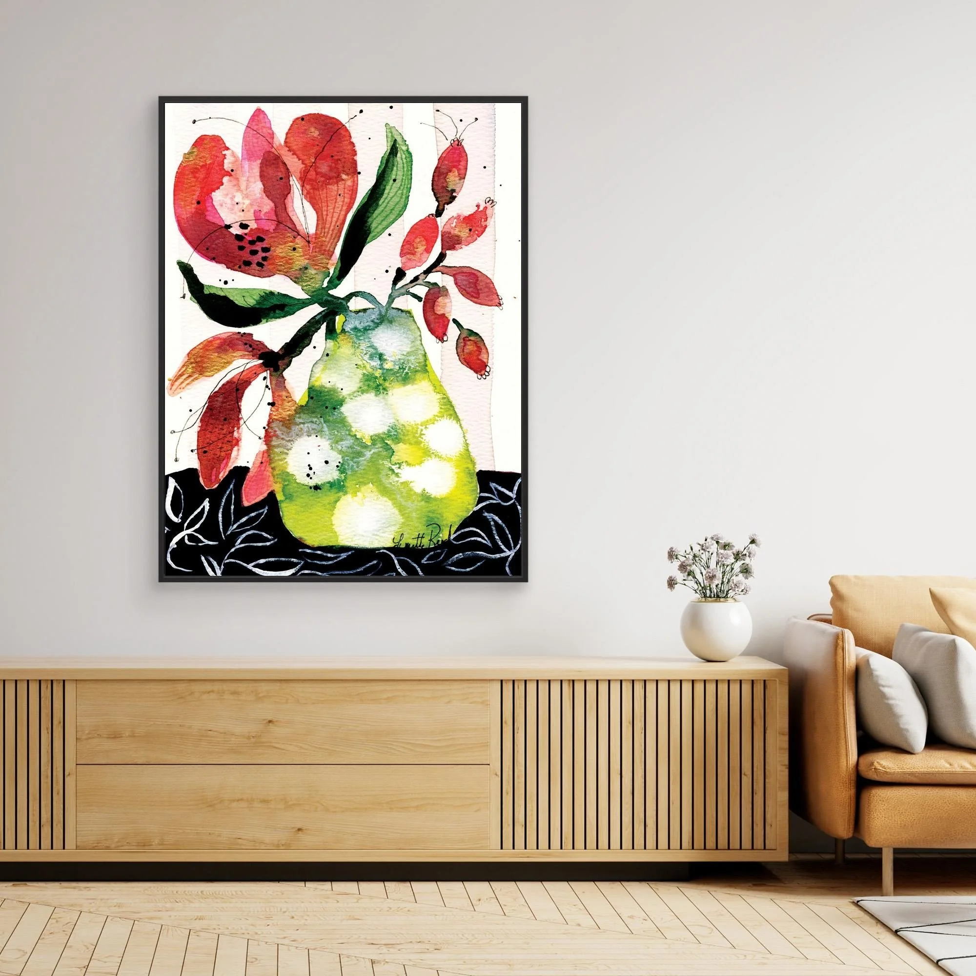 Pink Blooms in Chartreuse canvas art print by Lynette Reed shown framed in a room setting