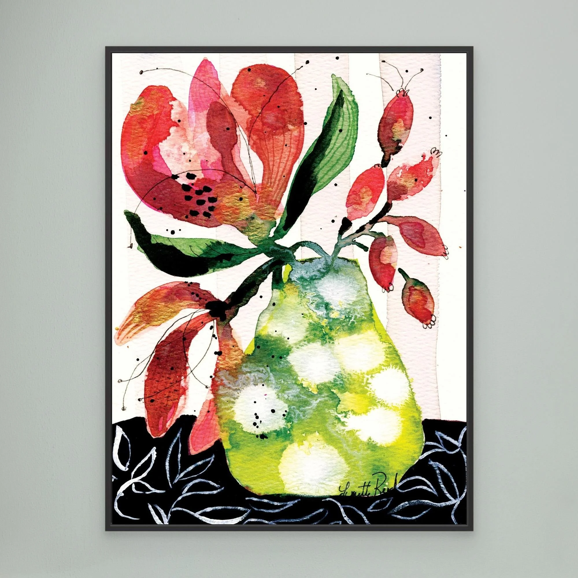Pink Blooms in Chartreuse canvas art print by Lynette Reed shown framed in a room setting