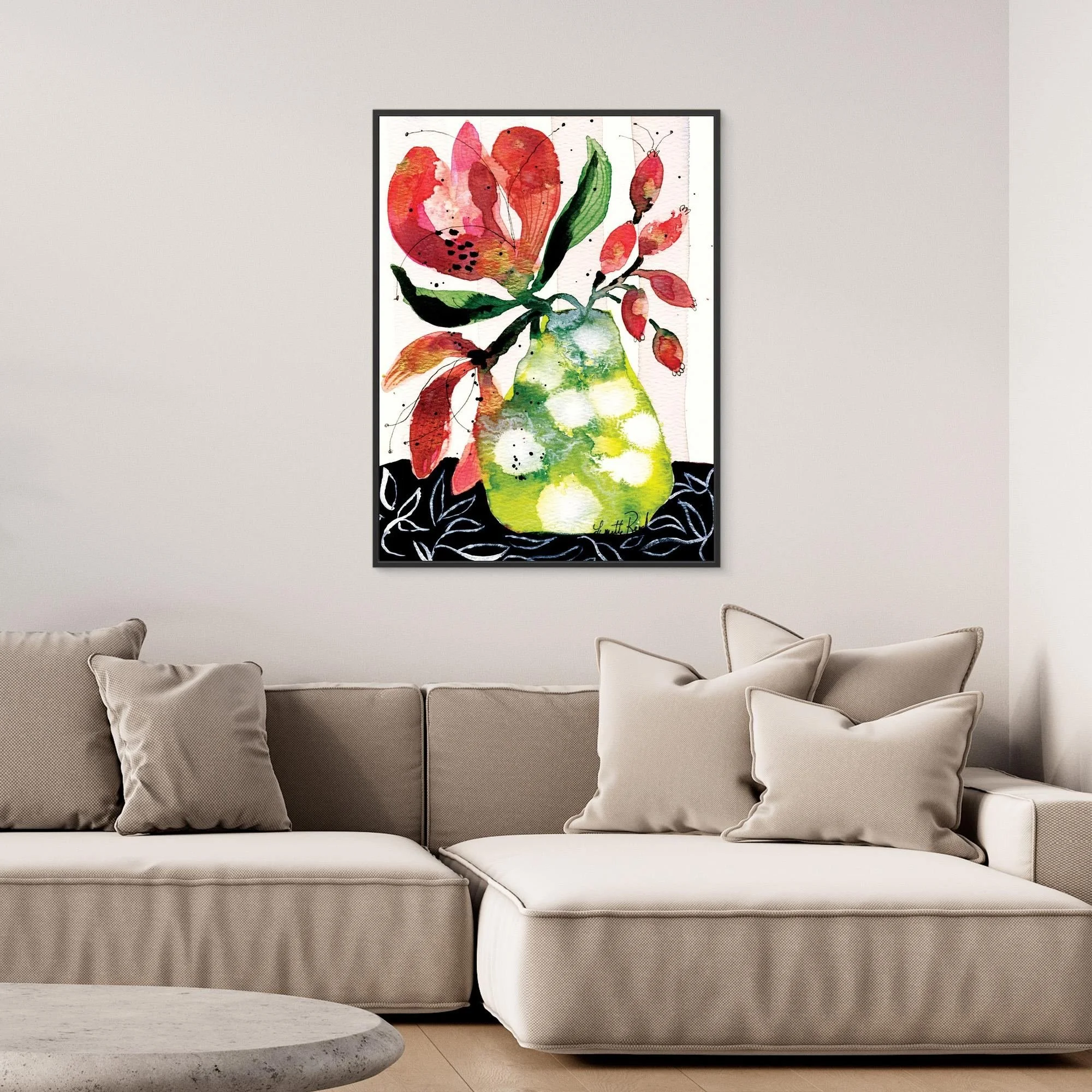 Pink Blooms in Chartreuse canvas art print by Lynette Reed shown framed in a room setting