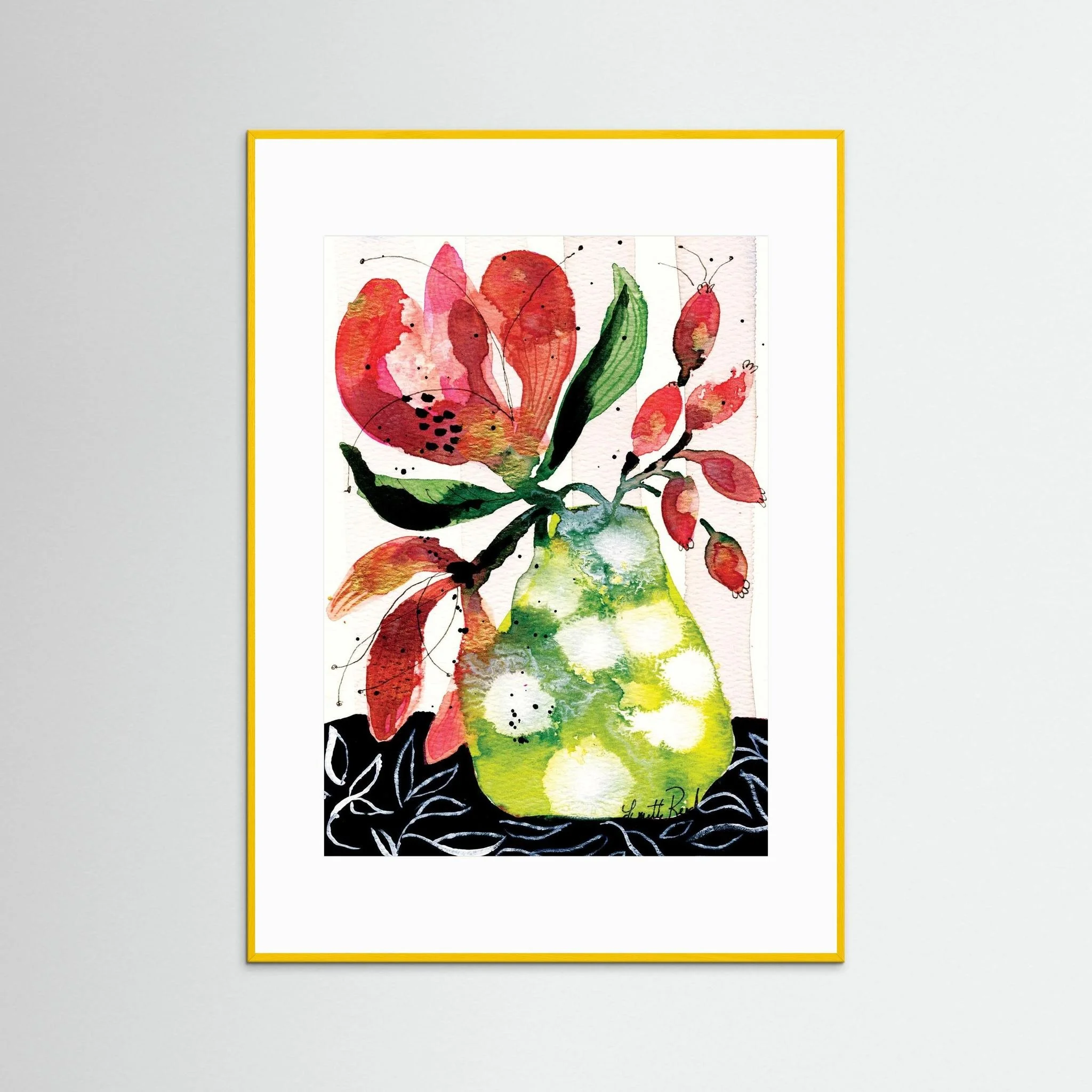 Pink Blooms in Chartreuse Vase art print on paper by Lynette Reed shown framed in a room setting