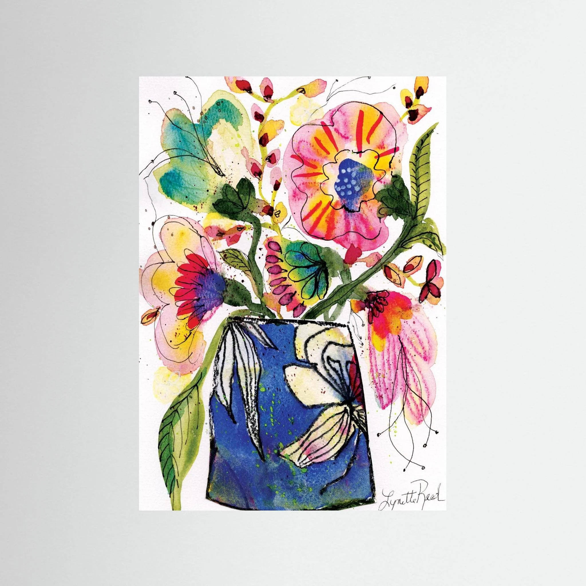 Blue Vase with Pink and Yellow Blooms art print on paper by Lynette Reed shown framed in a room setting