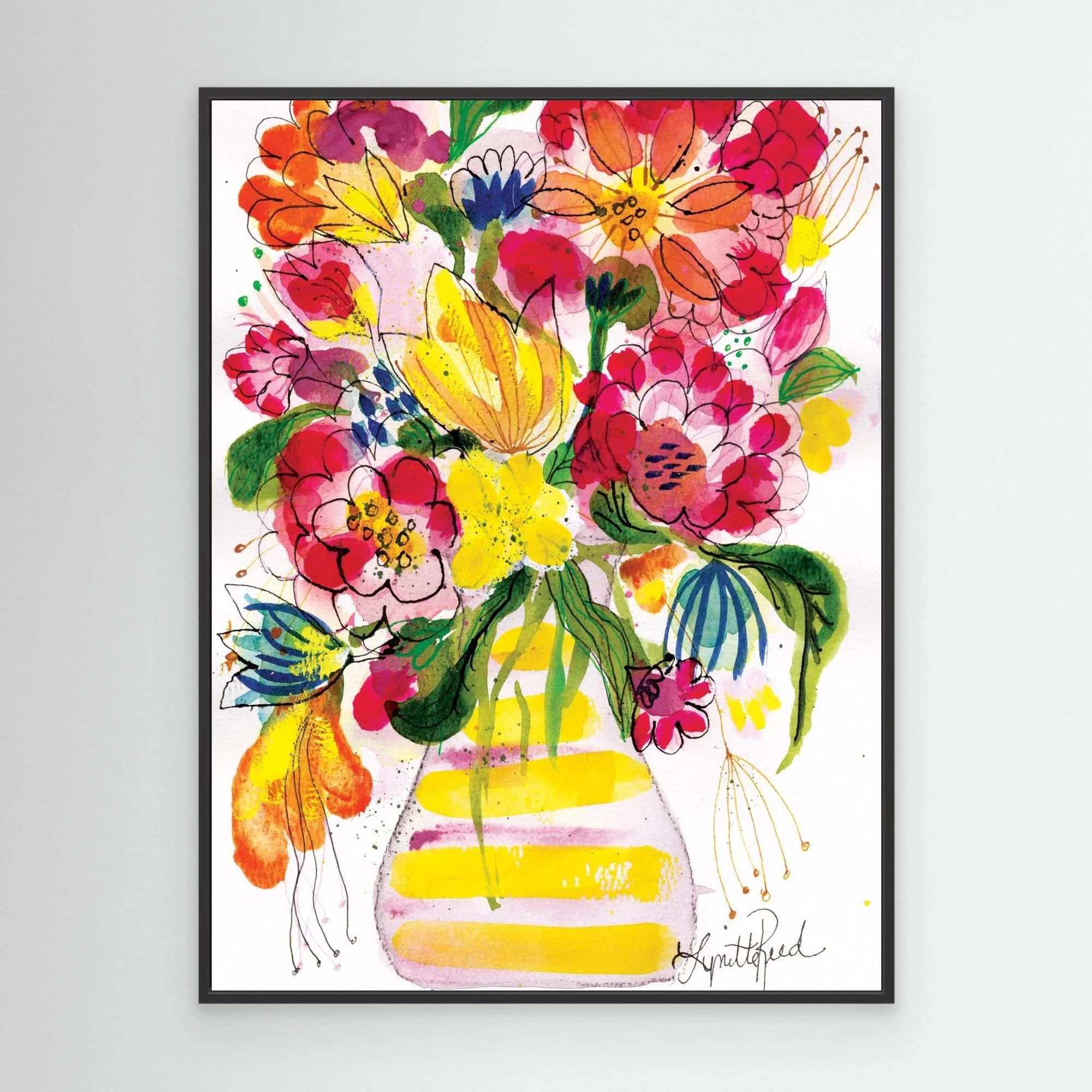 Yellow Striped Vase With Bright Blooms canvas art print by Lynette Reed shown framed in a room setting
