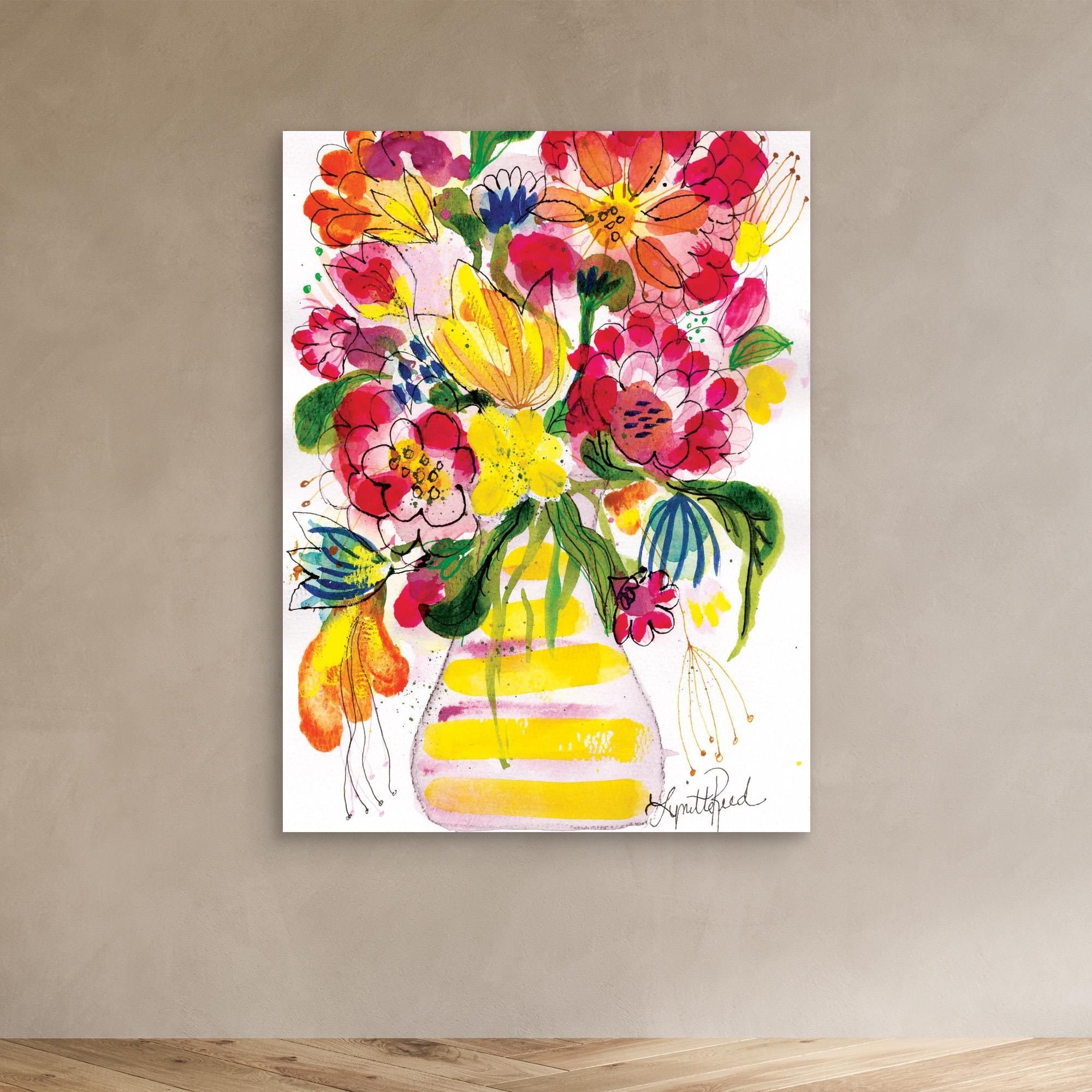 Yellow Striped Vase With Bright Blooms canvas art print by Lynette Reed shown framed in a room setting