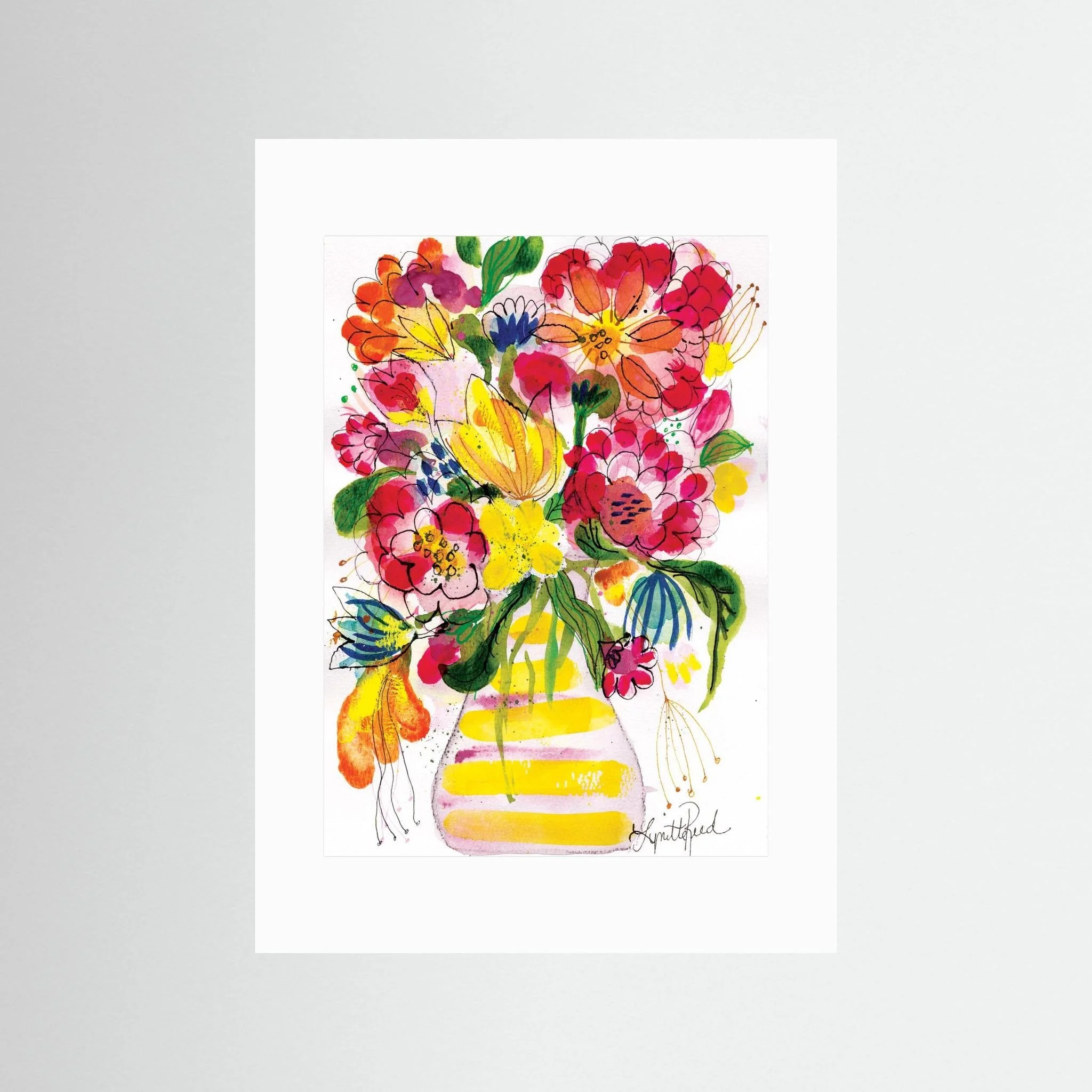 Yellow Striped Vase With Bright Blooms, a art print on paper by Lynette Reed of bright blooms in a yellow striped vase
