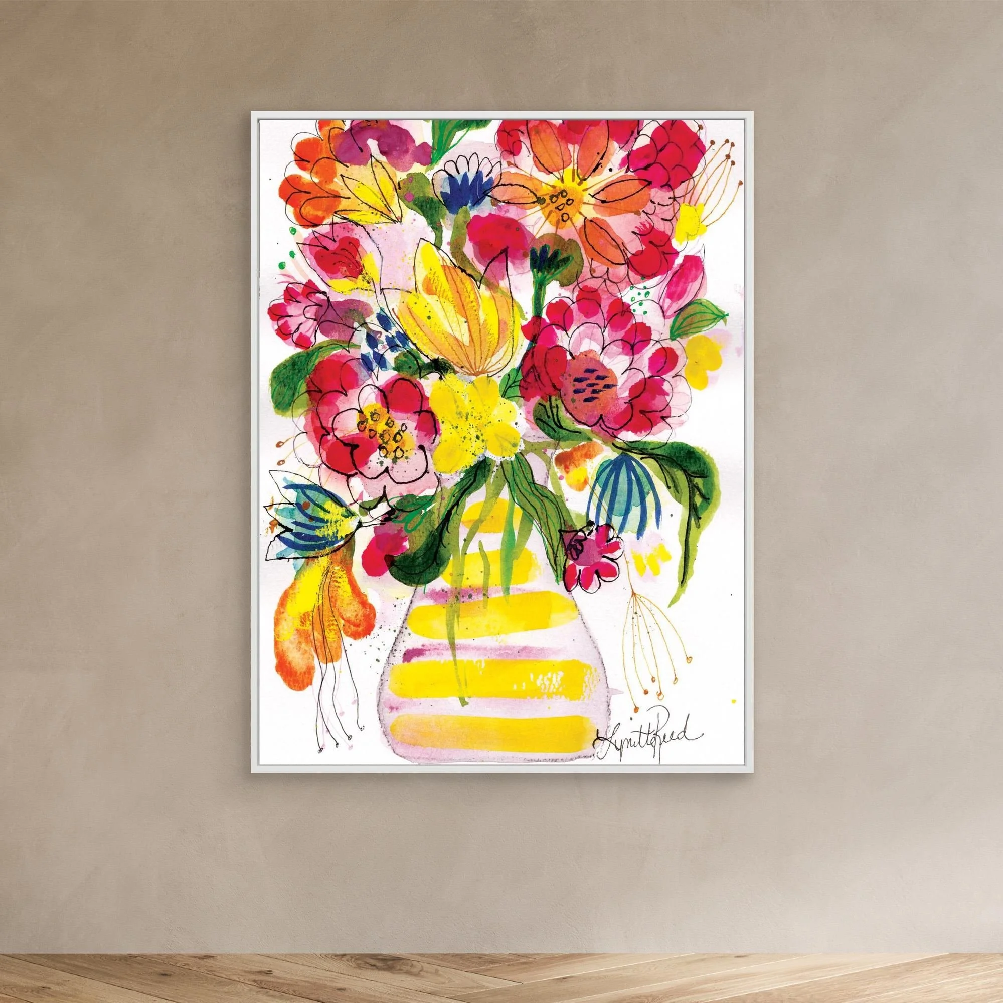 Yellow Striped Vase With Bright Blooms canvas art print by Lynette Reed shown framed in a room setting