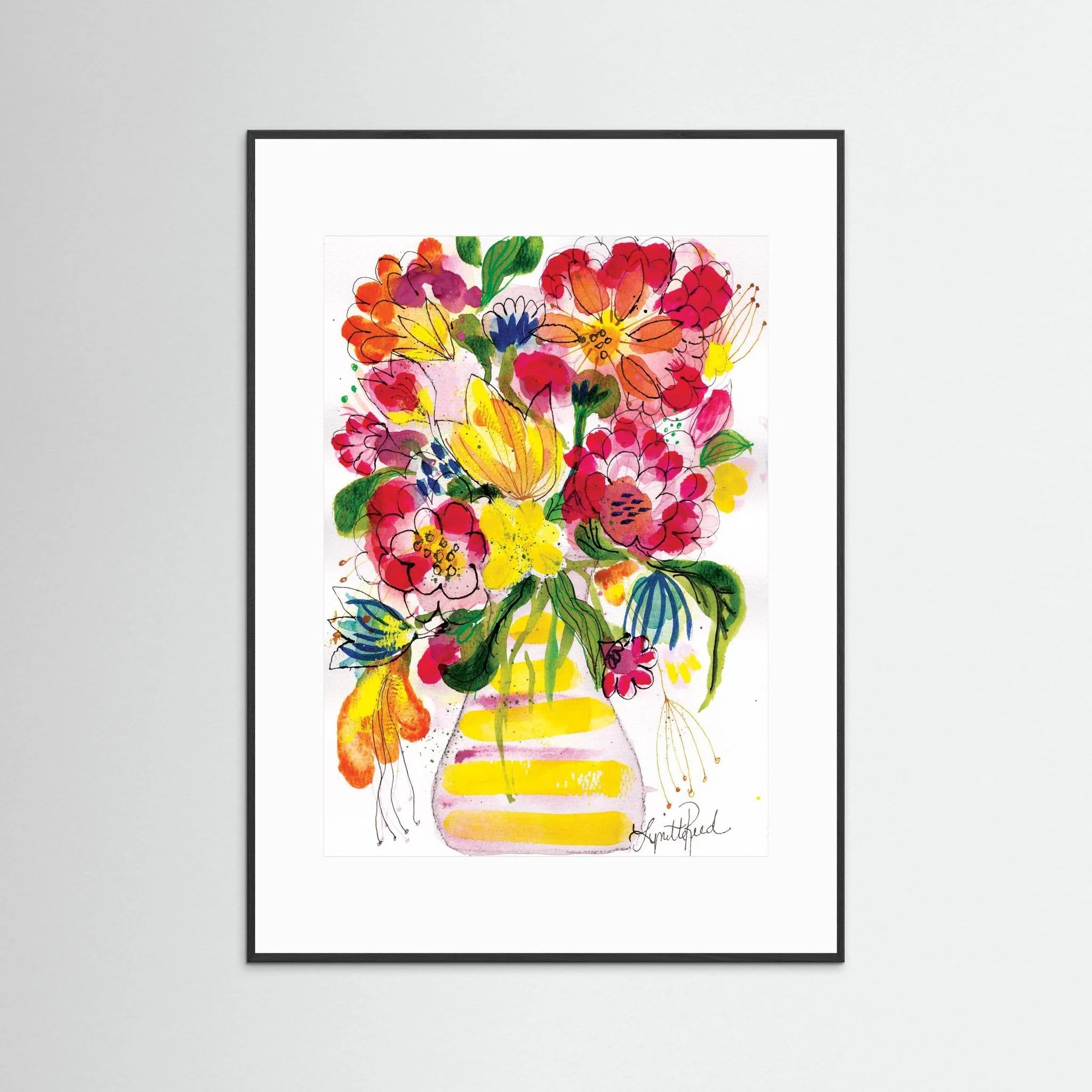 Yellow Striped Vase With Bright Blooms art print on paper by Lynette Reed shown framed in a room setting