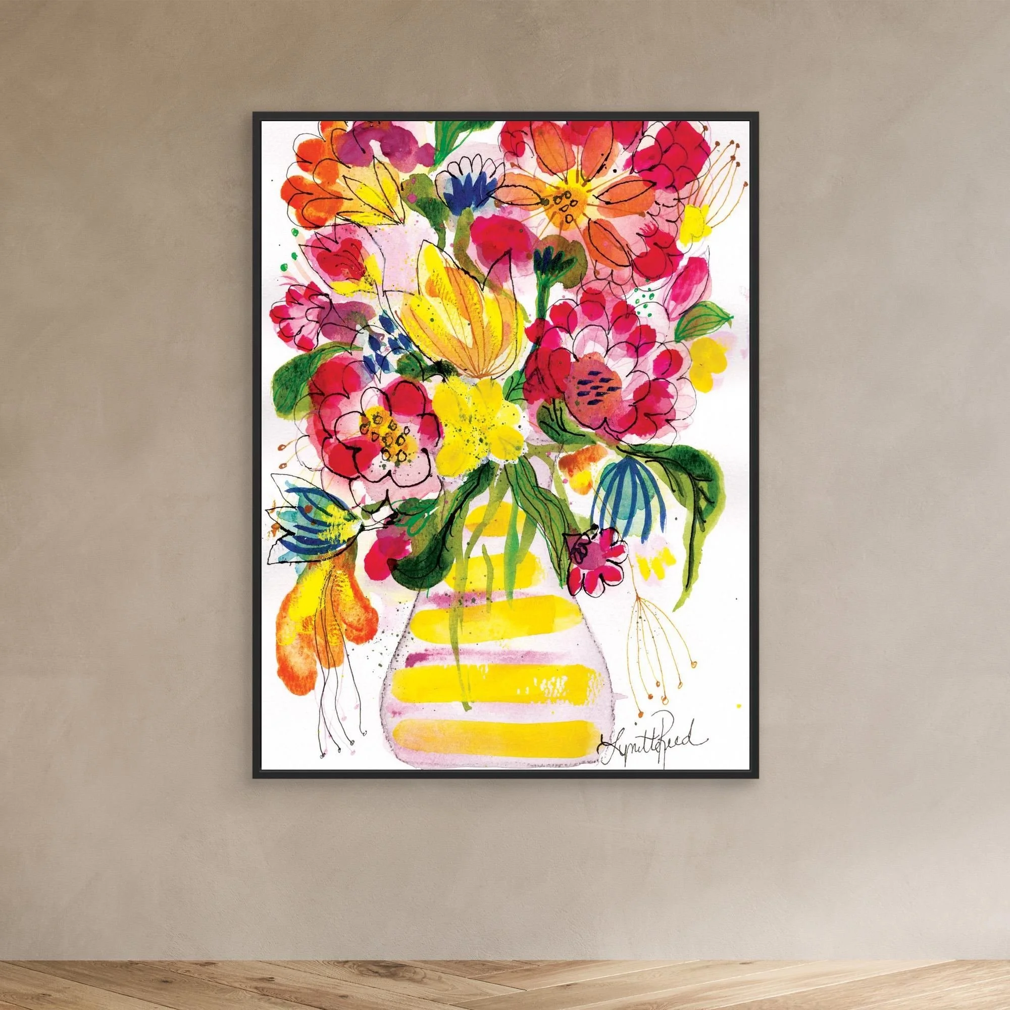 Yellow Striped Vase With Bright Blooms canvas art print by Lynette Reed shown framed in a room setting