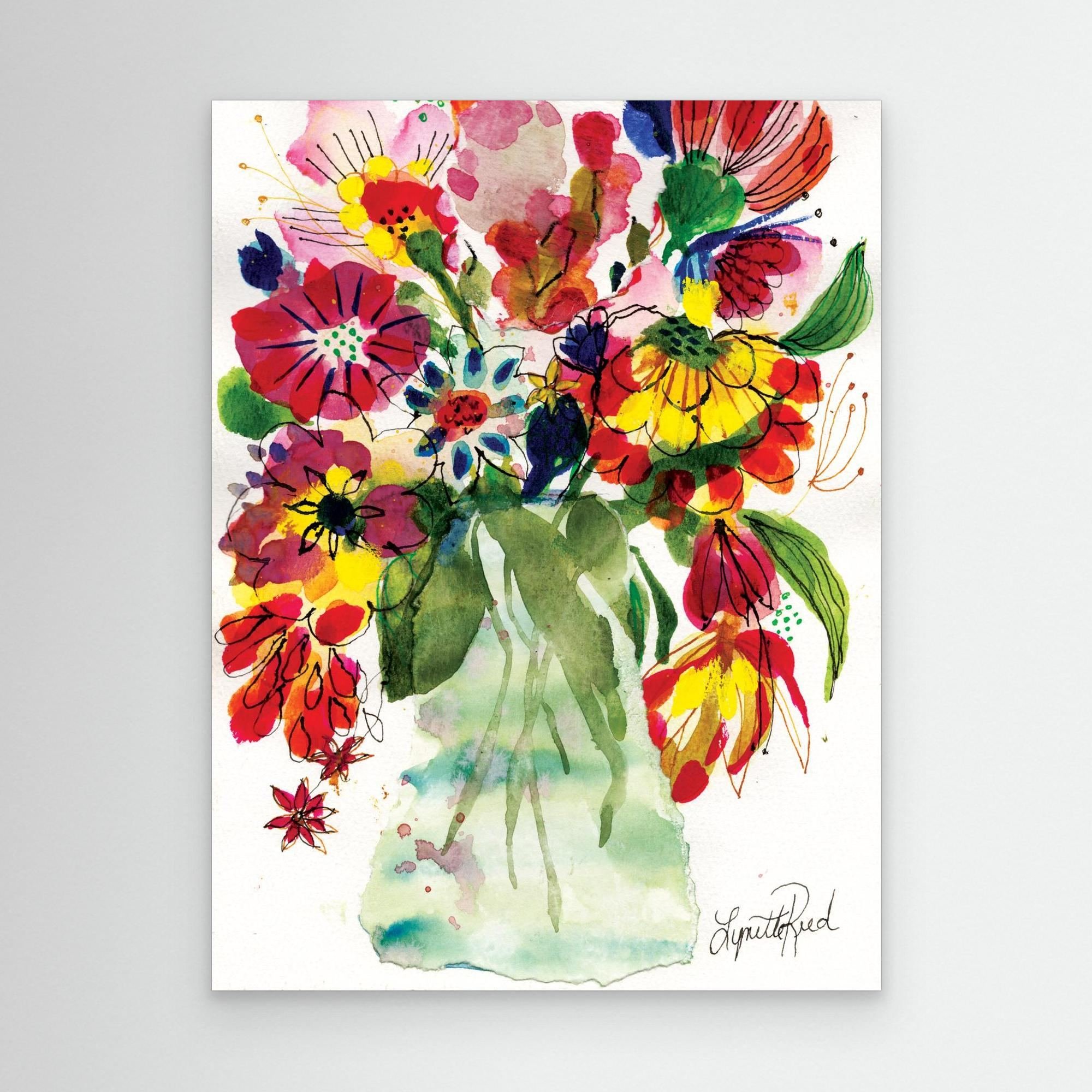 Green Glass Vase with Wild Blooms, a canvas art print by Lynette Reed of wild blooms in a green glass vase