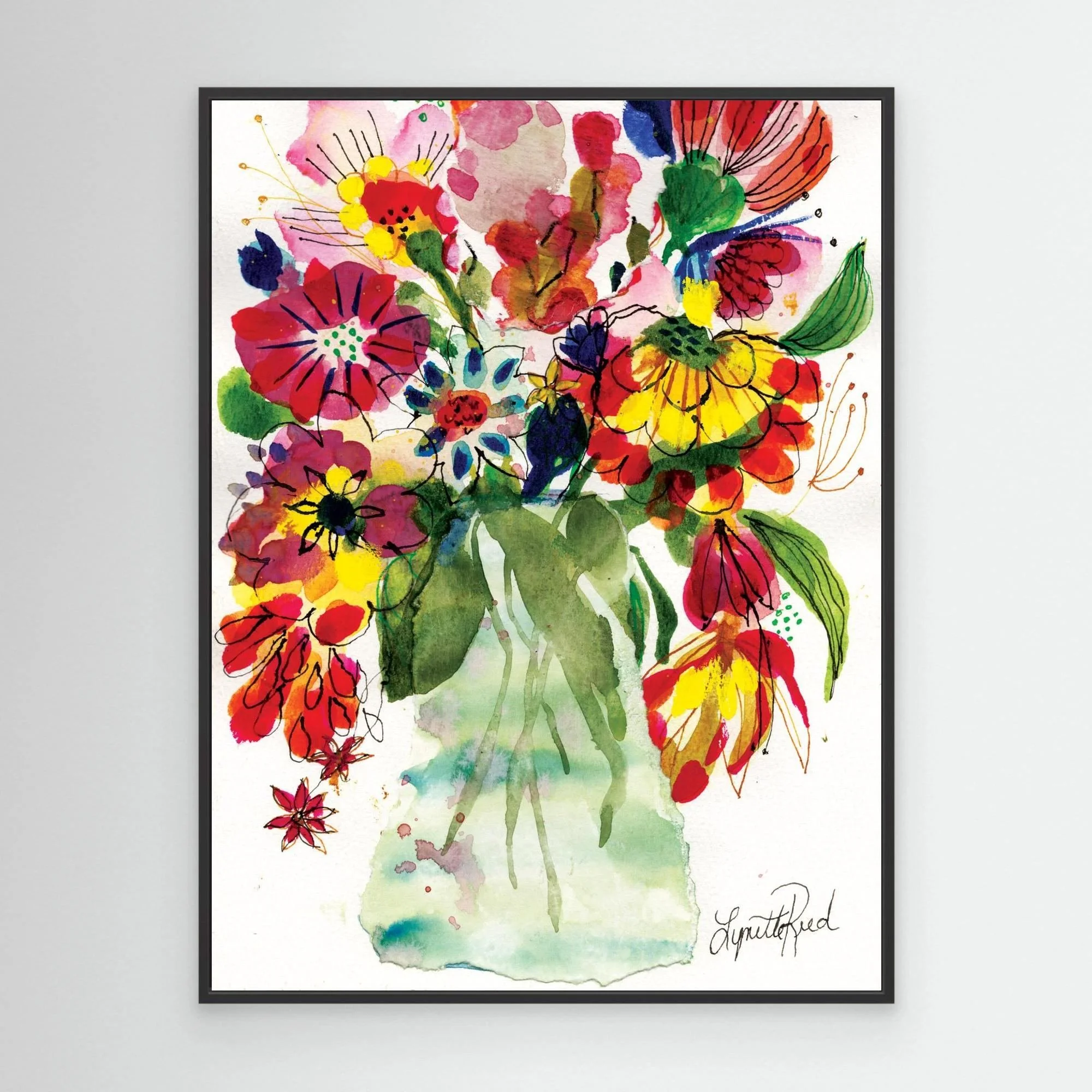 Green Glass Vase with Wild Blooms canvas art print by Lynette Reed shown framed in a room setting