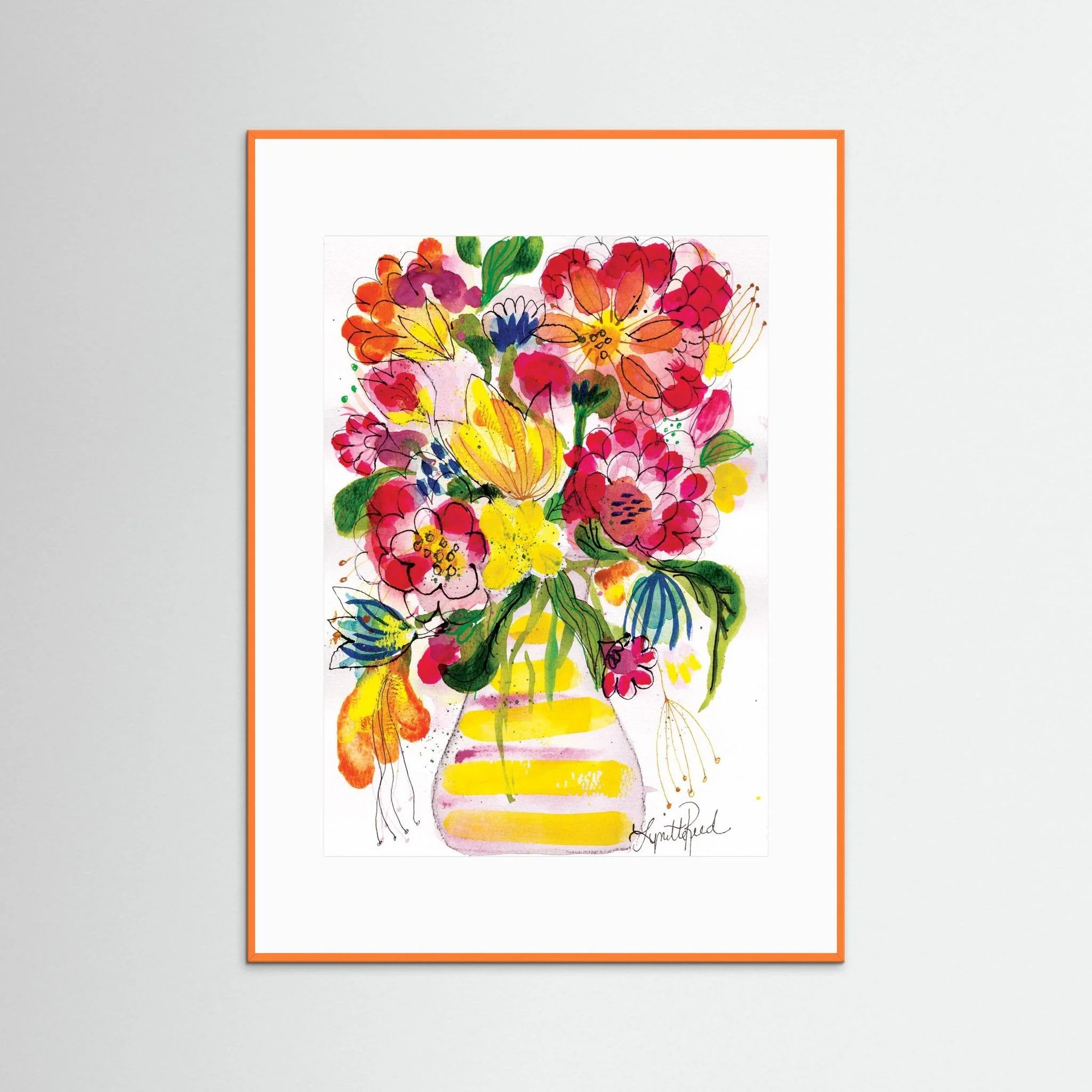 Yellow Striped Vase With Bright Blooms art print on paper by Lynette Reed shown framed in a room setting