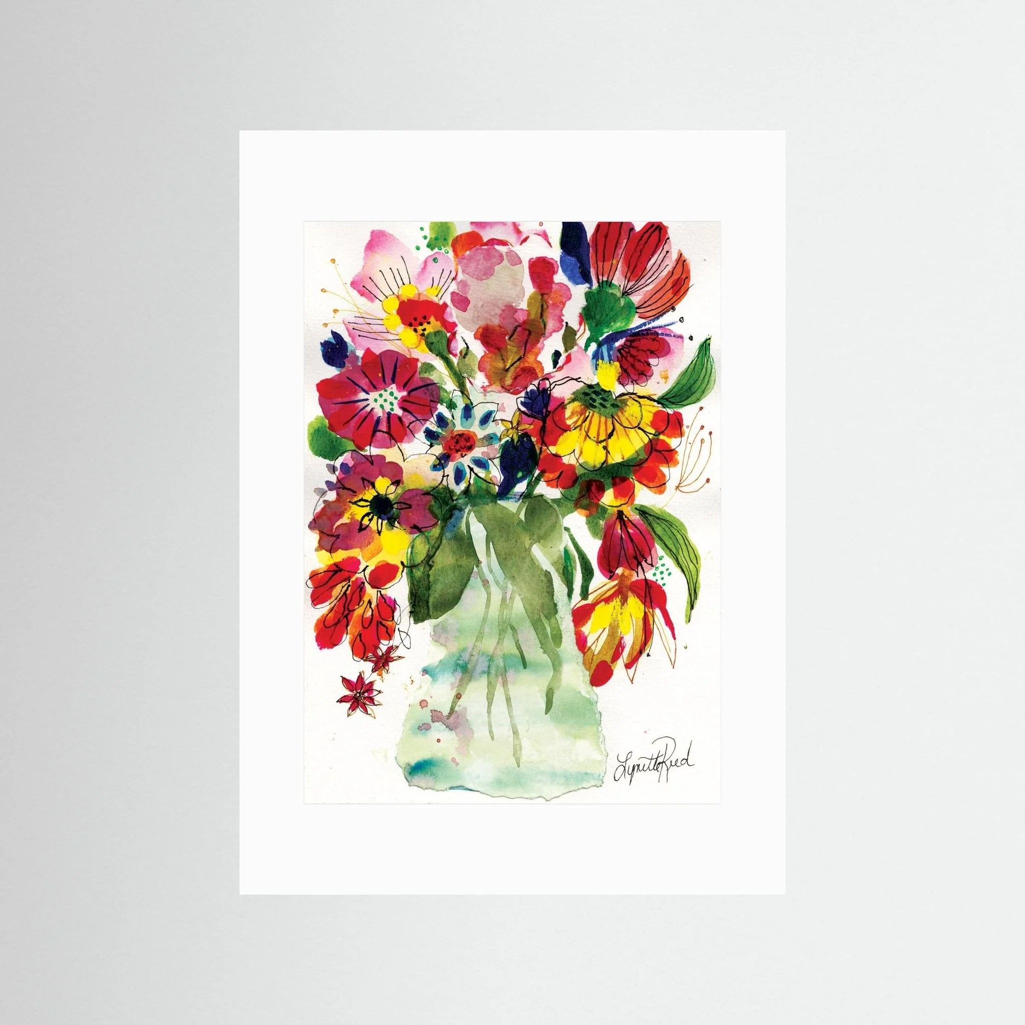 Green Glass Vase With Wild Blooms, a art print on paper by Lynette Reed of wild blooms in a green glass vase
