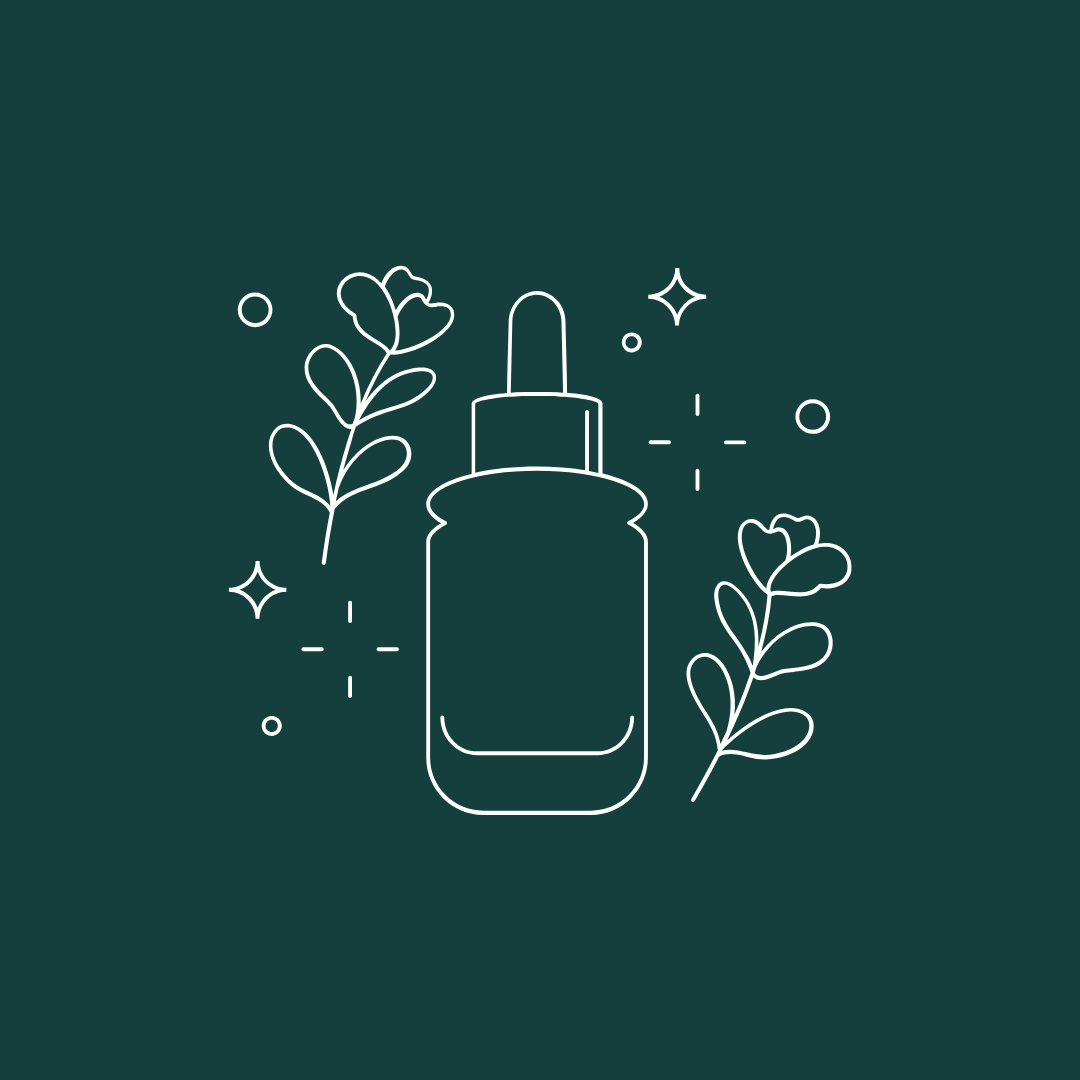 Minimalist line drawing of a dropper bottle with leaves and small decorative sparkles around it.