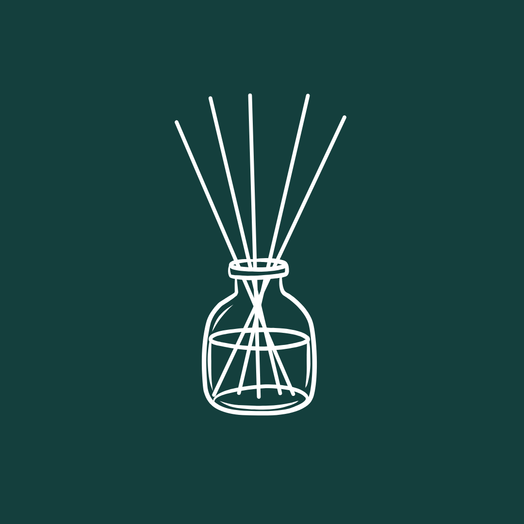 Simple line drawing of a reed diffuser with sticks in a bottle on a dark green background.