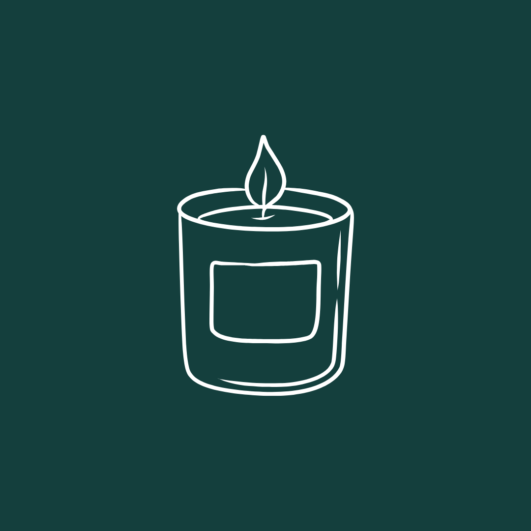 Line drawing of a lit candle in a glass holder with a blank label on a dark background.
