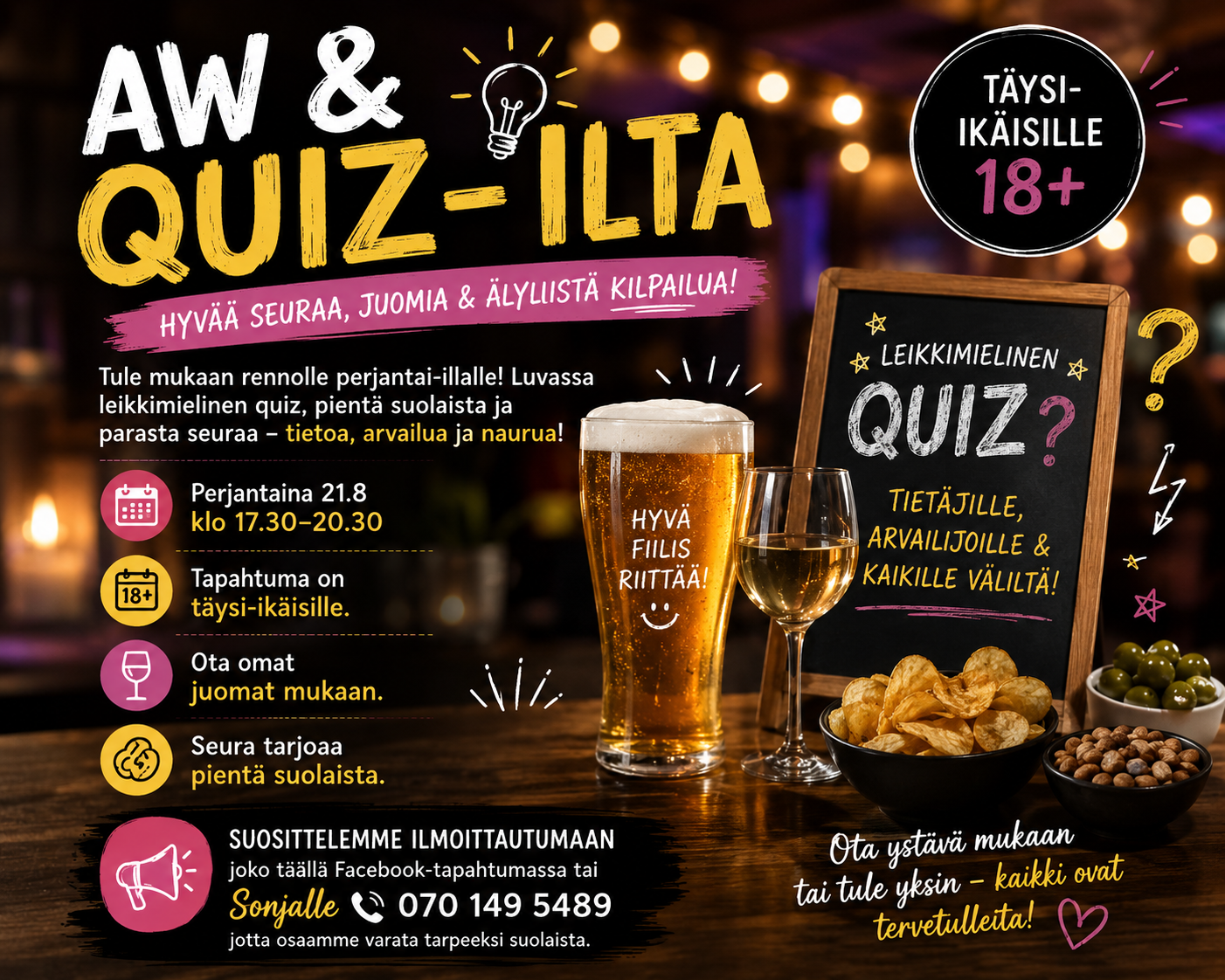 🍹🎉 AW & Quiz-ilta seuralla perjantaina 21.8! 🎉🍹
