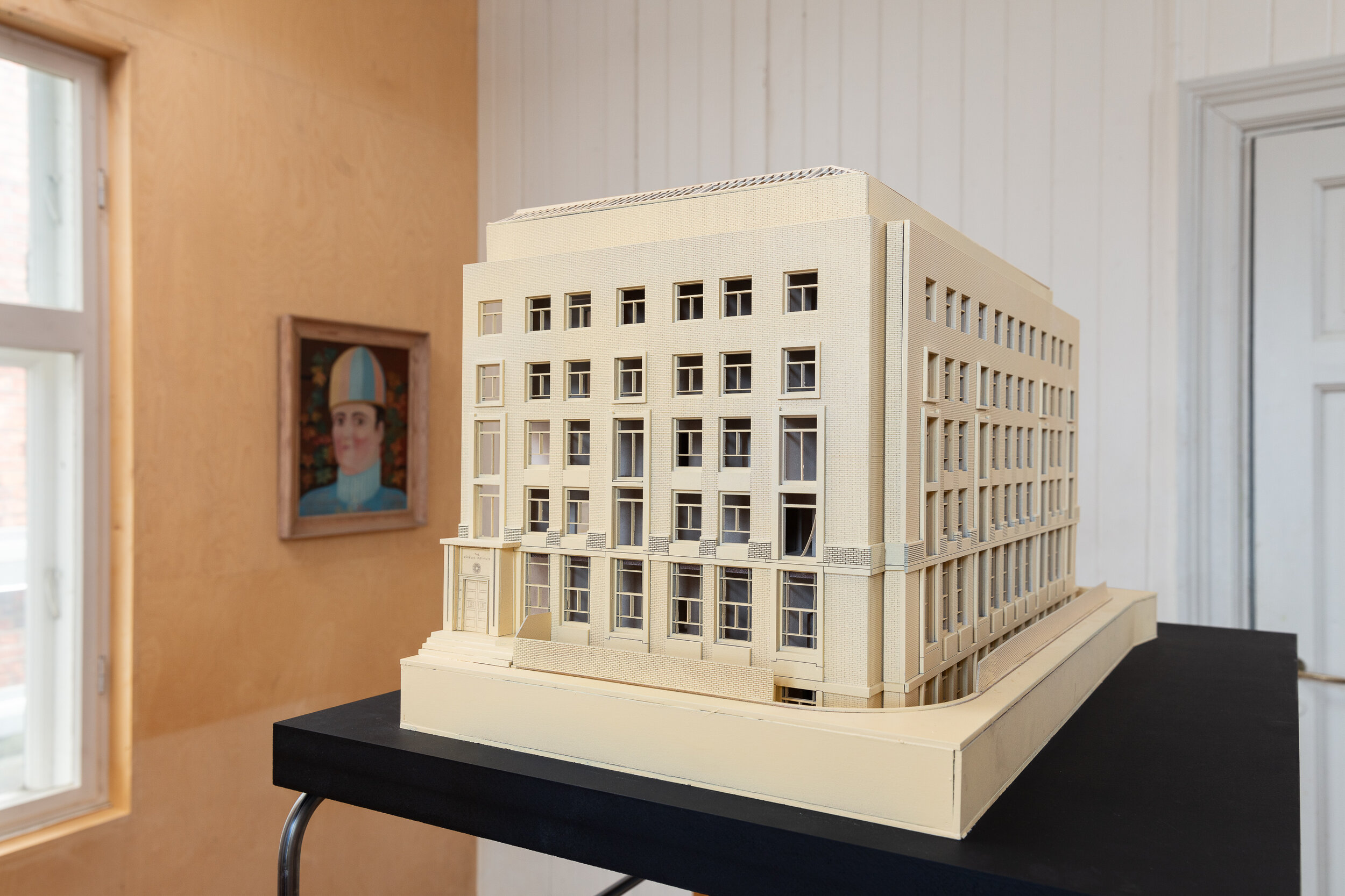  The present home of the Warburg Institute at Woburn Square, Bloombury (1958) was designed to echo the first organisation of the library in Hamburg. The building is undergoing a full renovation from 2021–2024.  Model makers Amalie Elvegård/Silje Seim