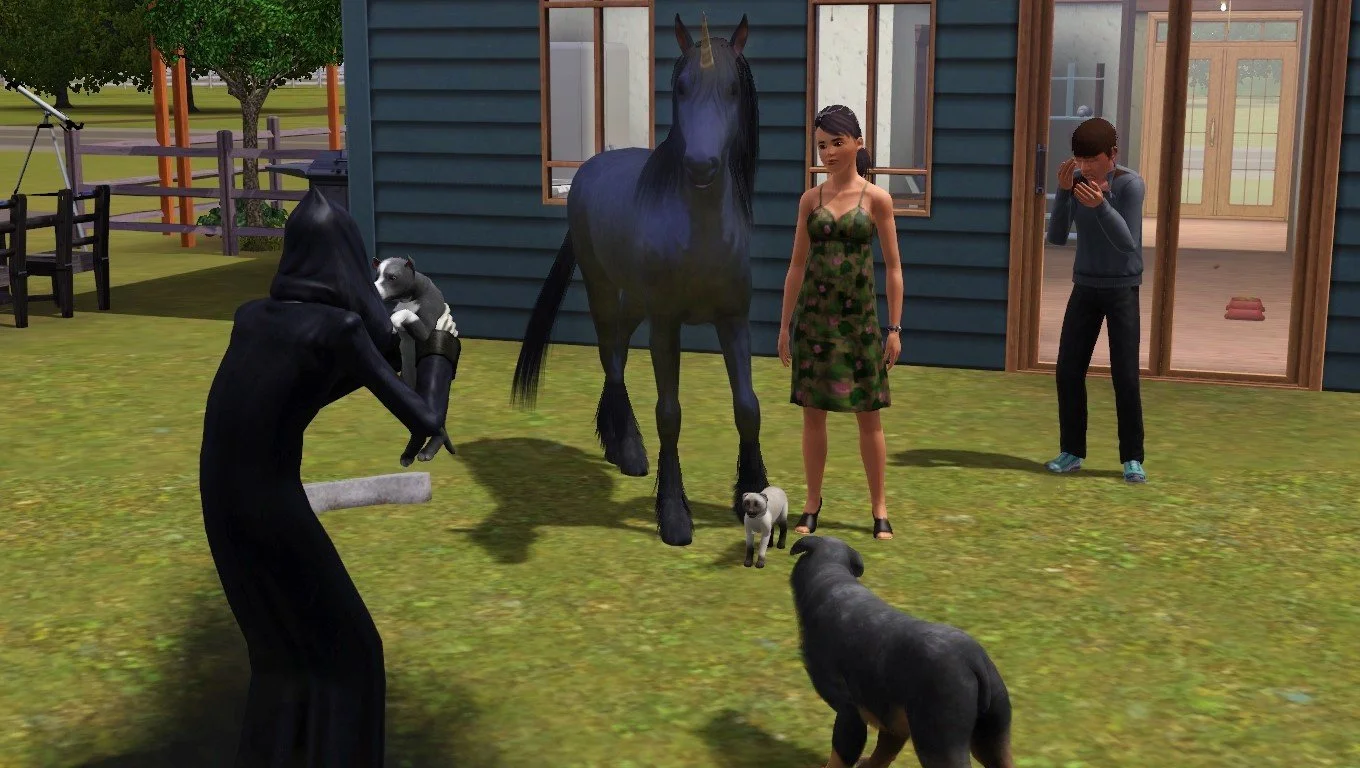 The Grim Reaper begins to lean forward to carefully put Vernon on the ground, in front of a pet bone-shaped gravestone and a small crowd: unicorn Aasifa, cat Bellatrix, Sims Dorothy and Matthew, and dog Petunia.