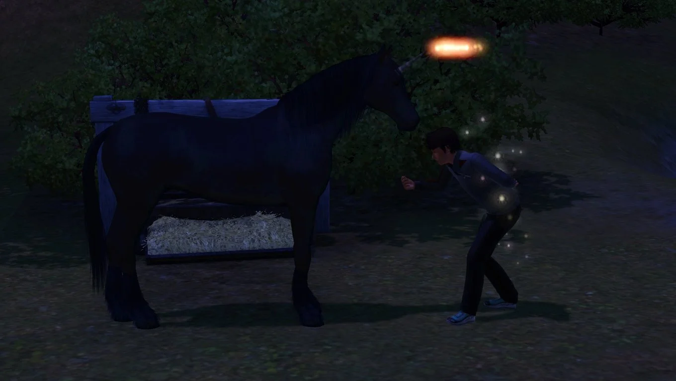 Matthew surrounded in floating gold sparkles, bowing to a black unicorn.