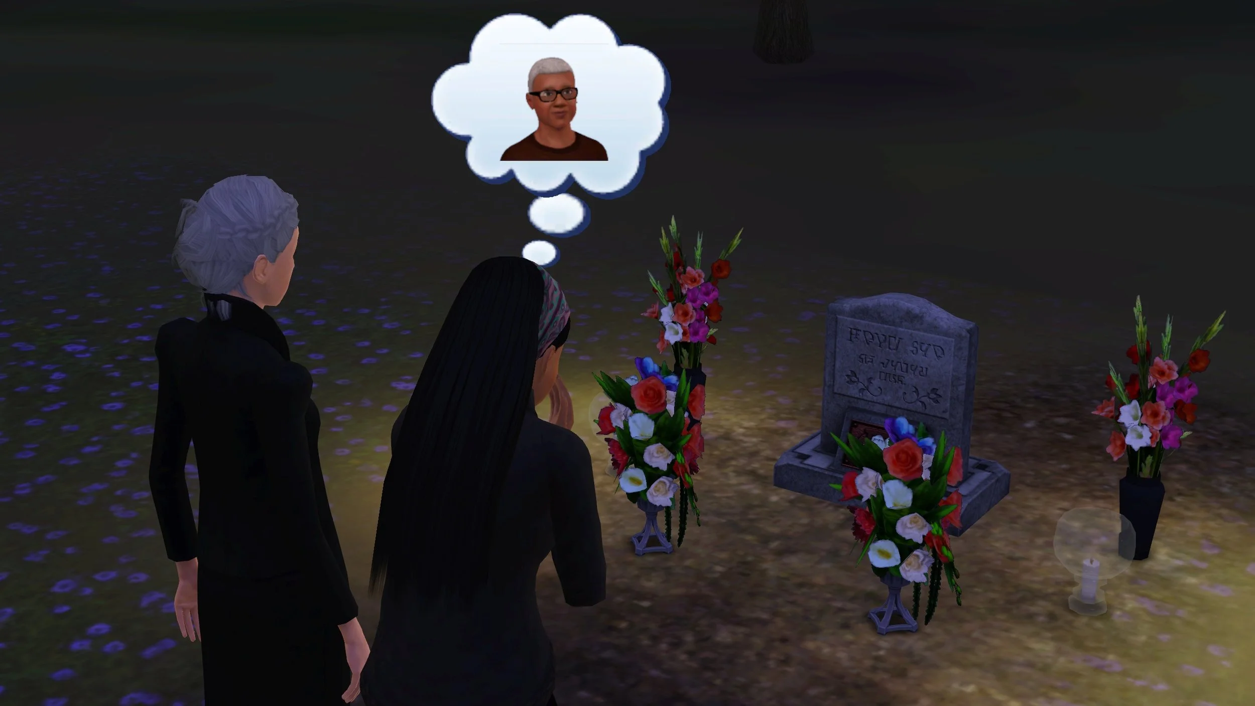 Bridget and Emery stand facing Altman's grave. Emery's hands are near her face as she cries, with a thought bubble of her father's Elder portrait above her head.