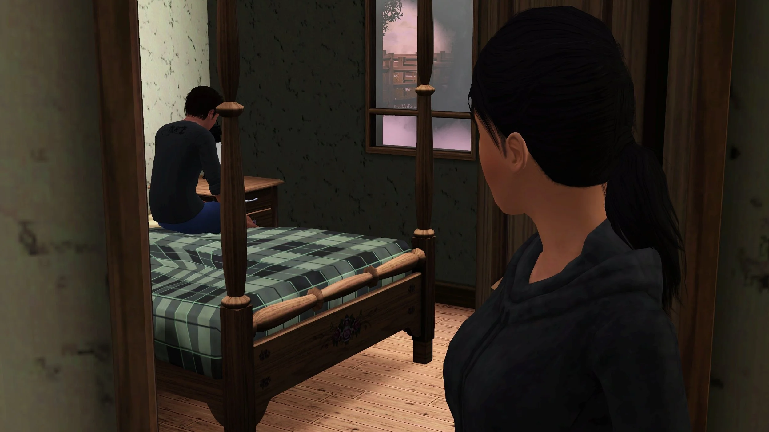 Young Adult (YA) Matthew sitting on the edge of his bed, with YA Dorothy looking in on him from the doorway. The bedroom window is frosted from cold weather outside.