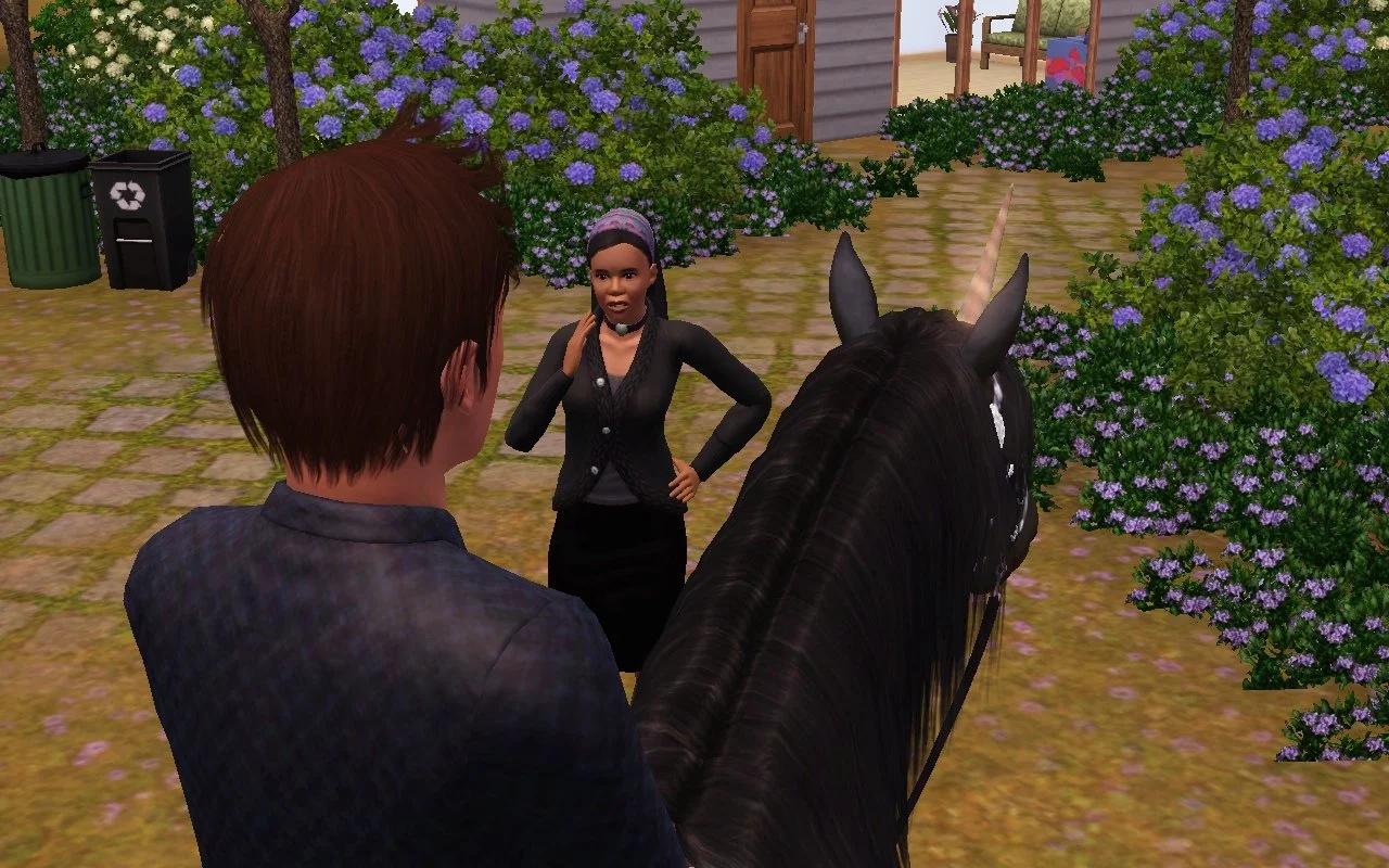 Viewed from over Matthew's shoulder while he's mounted on a unicorn - whose mane and shining horn are prominent in the foreground - Emery looks shocked, lowering a hand from her neck, her other hand still firmly on her hip.