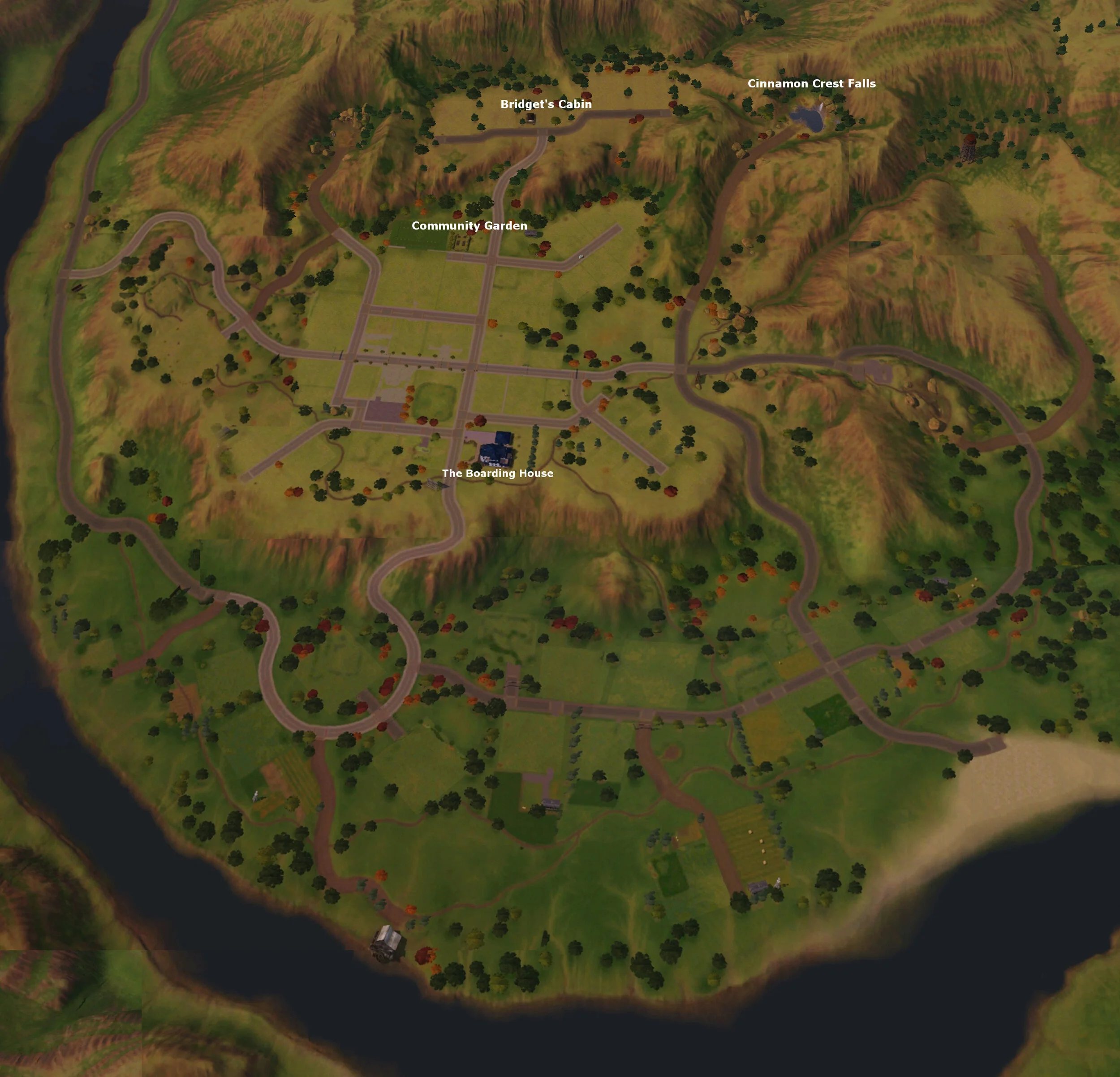 Bird's eye view of Appaloosa Plains Sims 3 world, all original lots removed except 1: Cinnamon Crest Falls. 1 custom Community Lot: Community Garden. 2 Households: Bridget's Cabin, "The Boarding House".