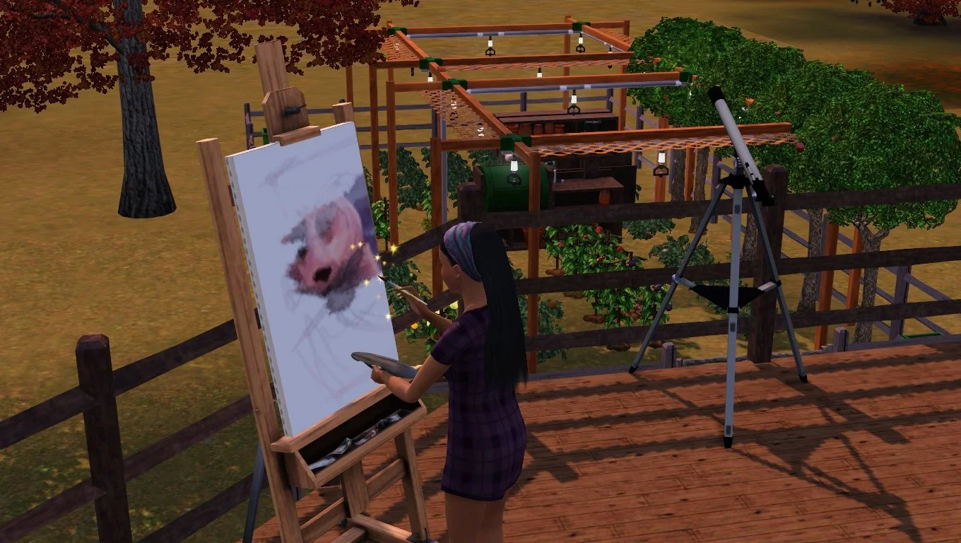 Emery paints at an easel on her home’s second floor wrap-around deck next to a telescope, overlooking her garden full of lush green plants, five orchard trees, and two sprinkler systems.