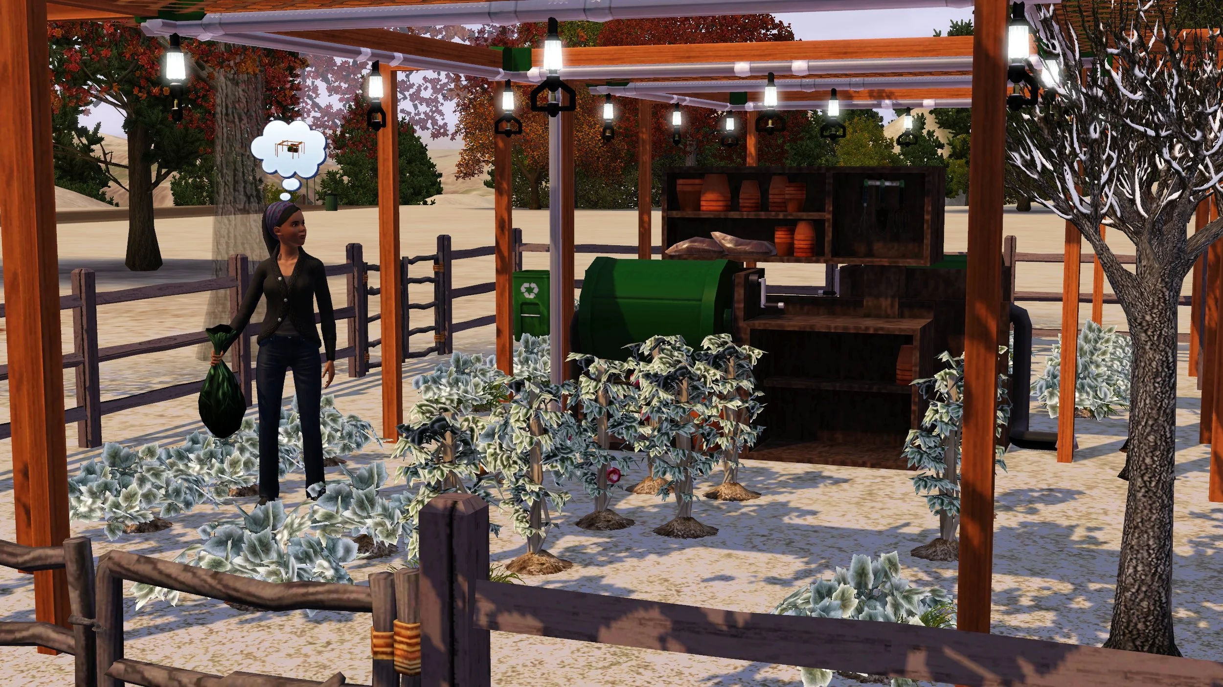 Emery stands at one side of her frost-covered garden holding a black garbage bag, thinking about and looking at the sprinkler system above her. The ground has a dusting of snow; yellow grass is somewhat visible.