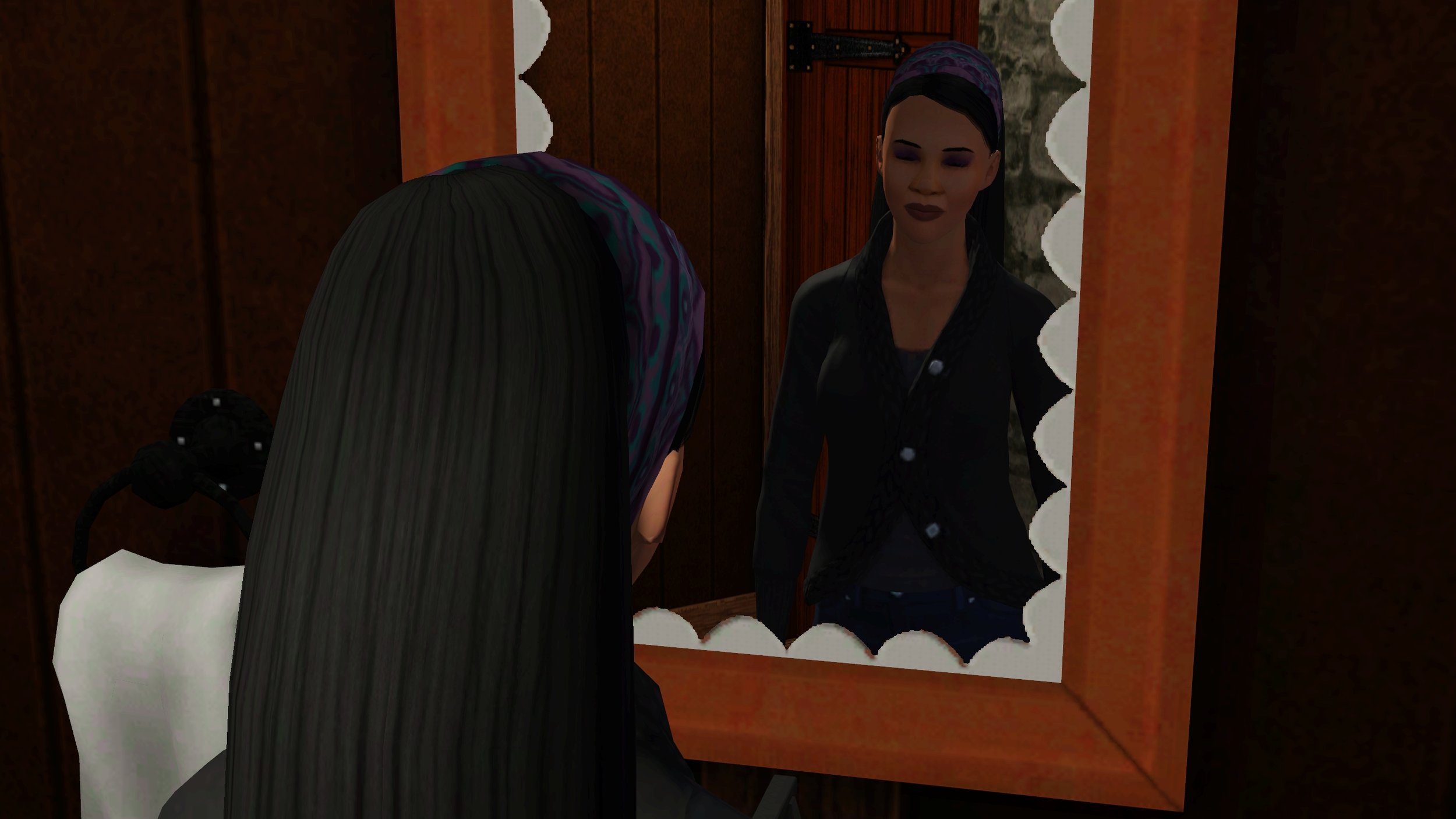 From behind Emery’s head, her reflection in her bathroom mirror. Her eyes are closed, as though she is taking a moment to breathe.