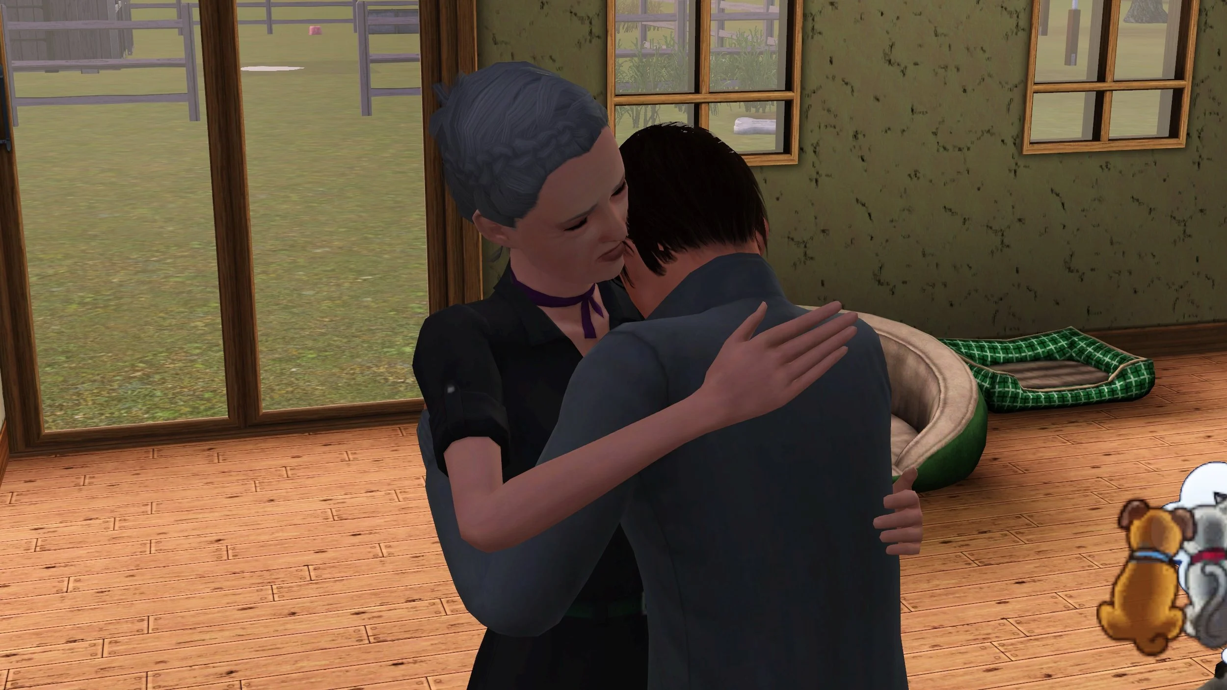 Bridget holds Matthew gently as he hunches with his head on her shoulder, his arms around her. Bridget looks solemn; one hand patting Matthew’s back as they embrace.