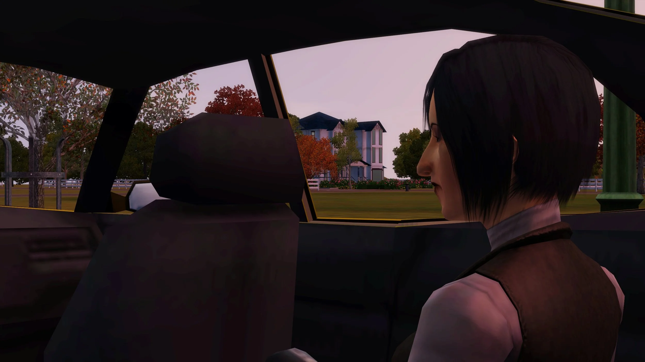A close-up of Sim Colette Bonnet as she sits in the back of a taxi; through her window, there is nothing but green space and a few trees between the vehicle and a large Victorian-style house in the background.