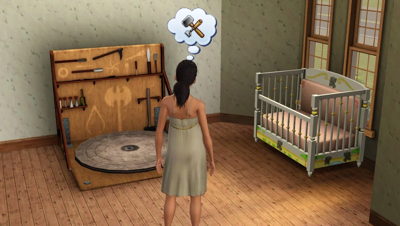 Dorothy thinks about sculpting, looking at her sculpting station next to a crib in one of the front rooms of Button Ranch, wearing her maternity dress.
