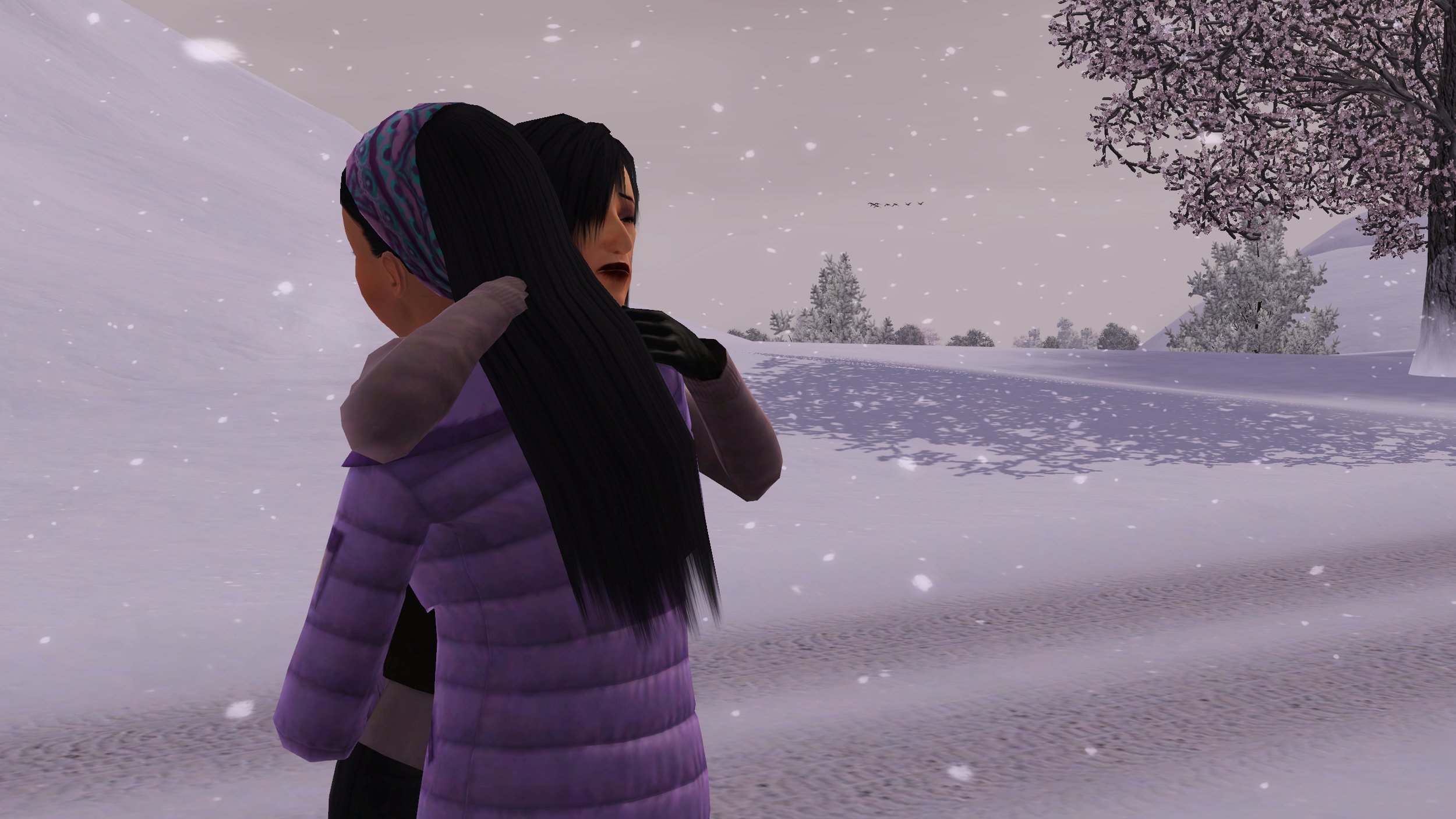 Colette holds Emery close, one hand on her hair and other on her shoulder, as they stand at the side of the road. Emery wears a puffy winter coat. Snow falls around them, a small flock of birds flies in the distant sky.