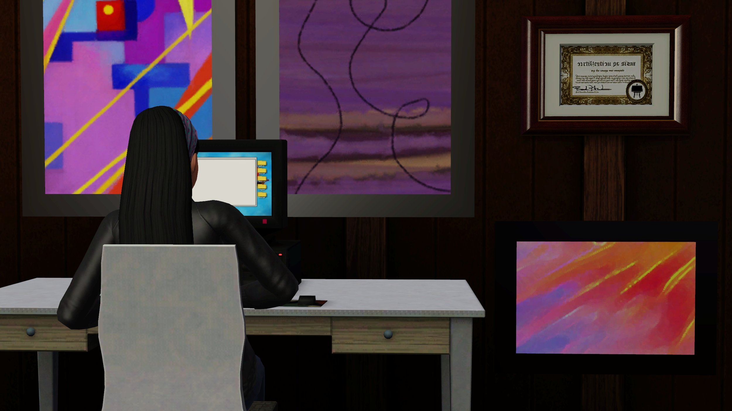 Viewed from behind, Emery sits at her desk with a blank document open on her computer screen. The wall behind the desk has three of her paintings and a painting skill certificate.