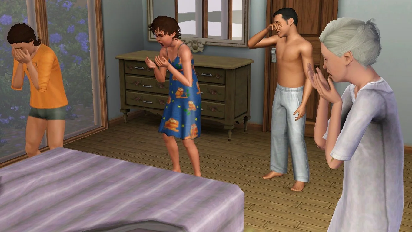 4 Sims crying in sleepwear, standing around a bed: Ryker covering his face; Aria sobbing with her mouth wide open; Mason wiping tears with one hand; and Bridget with her hands near her face.