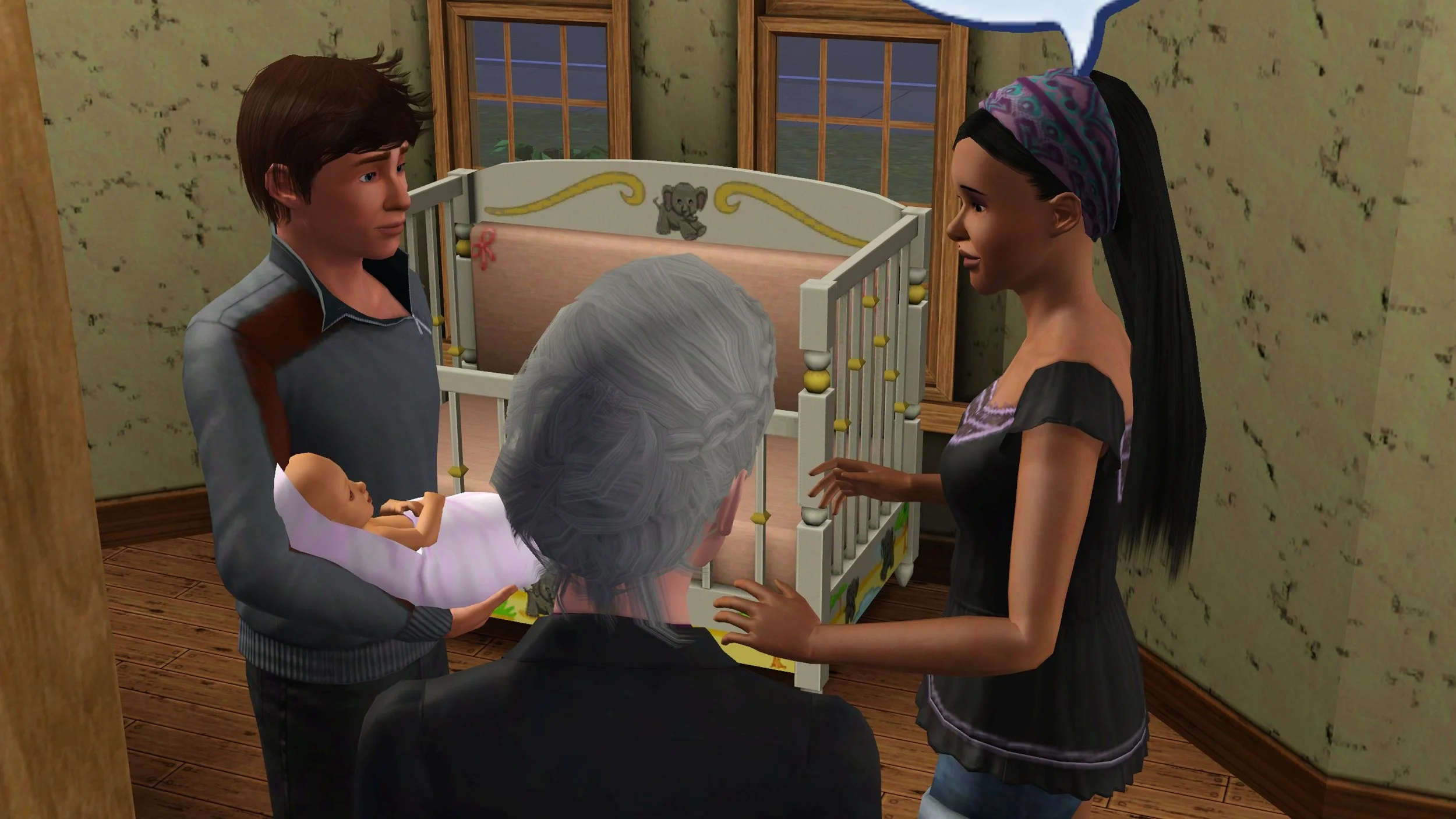 Matthew holds baby Mara, facing his sister Emery; Emery looks at Mara with a speech bubble above her head. Bridget stands next to them, facing them with only her hair and shoulders visible.
