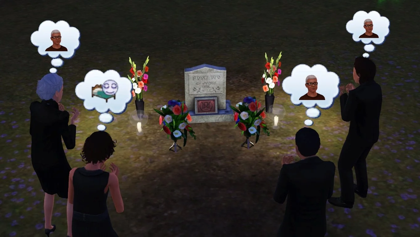 Four crying Sims and four vases of flowers surround a gravestone in candlelight. Bridget and Mason and Ryker have thought bubbles of Altman's Elder portrait above their heads, while Aria's has the sleepy icon.