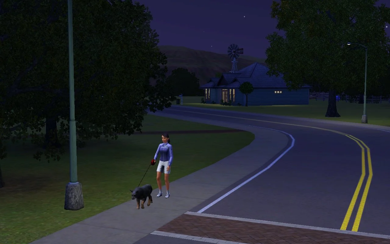 Dorothy walks Petunia on a leash down the sidewalk away from their house in the evening. The weather is mild; she is wearing shorts and an athletic jacket.