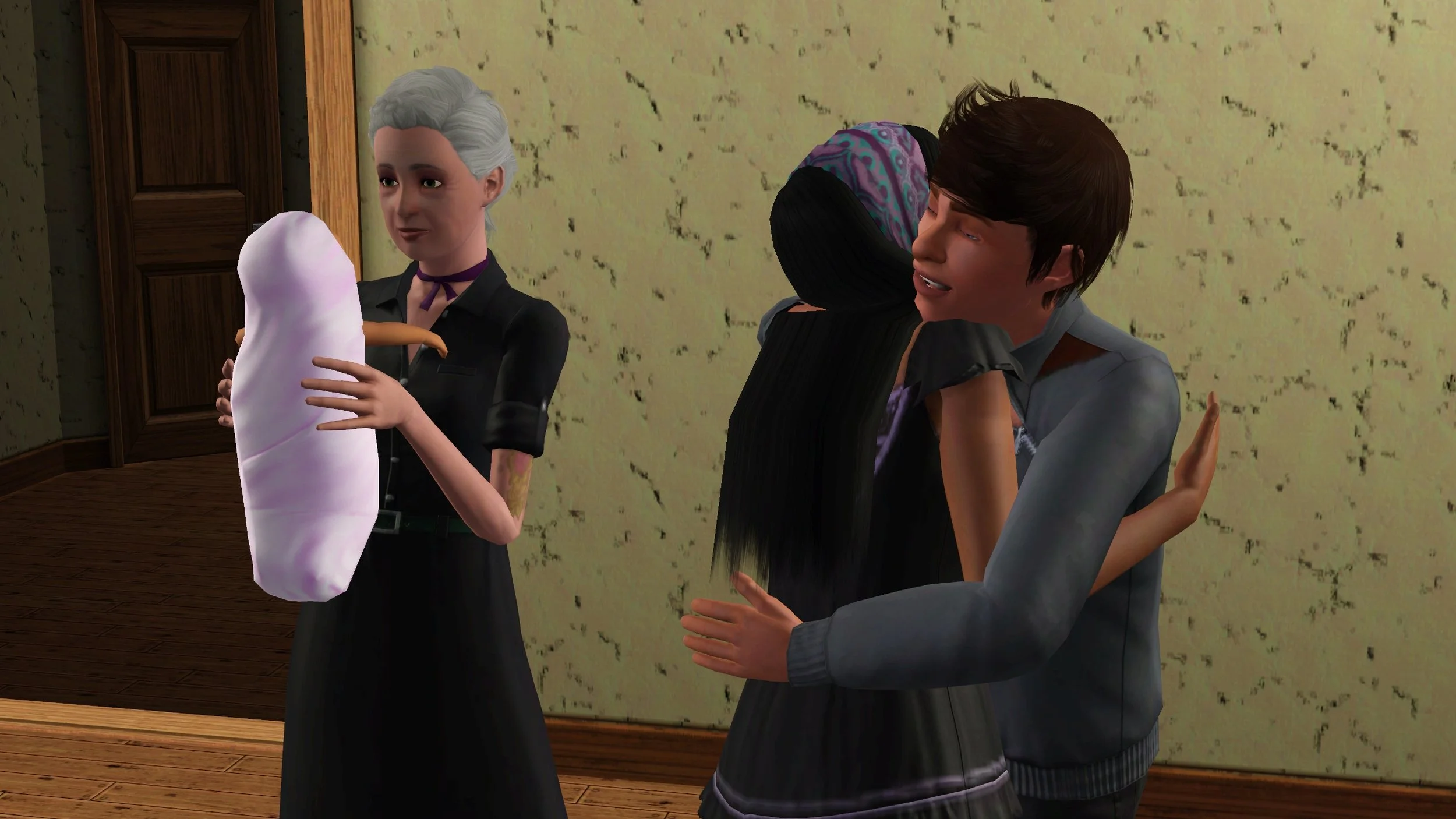 Matthew tightly holds his sister Emery in a hug with a relaxed happy expression on his face; they’re standing next to Bridget, who is holding and looking at baby Mara with a neutral expression.