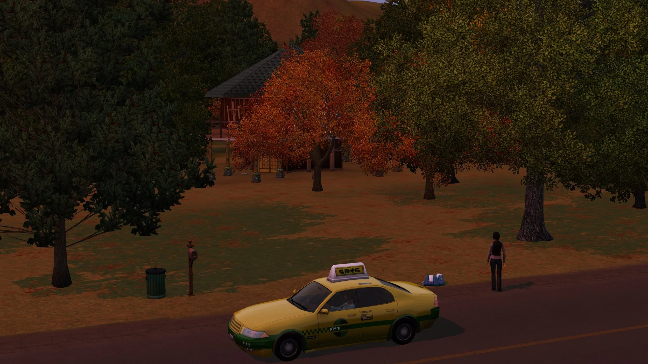 A female Sim stands on the edge of a road next to 2 small duffel bags and a taxi. She looks across a grass area full of trees hiding a small two-storey, mostly octagonal house. The grass is scattered with fallen leaves.
