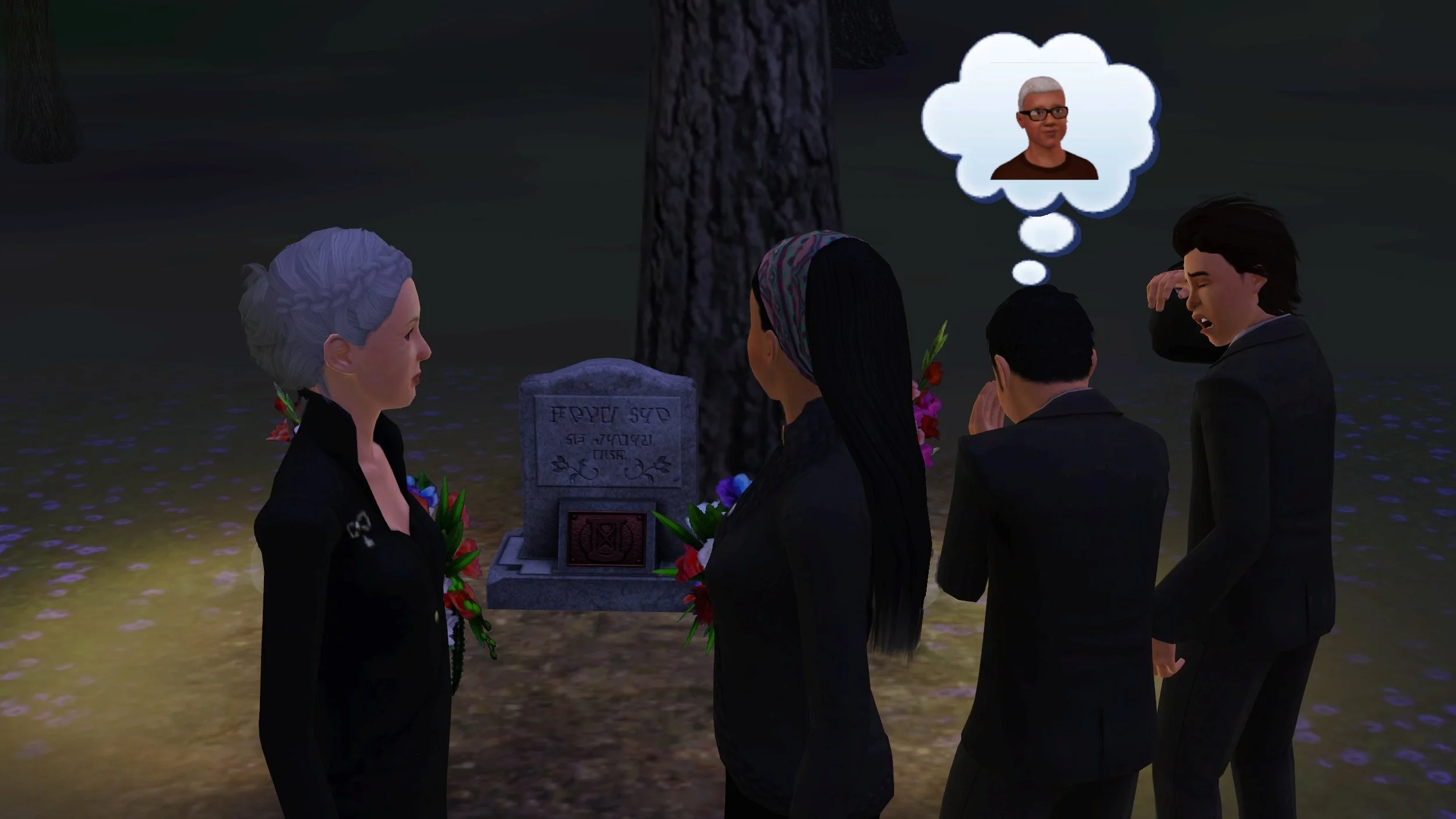 Bridget and Emery face each other, framing Altman's grave in the image; Mason and Ryker cry next to them. Bridget looks at the boys, Emery at the grave. Mason cries into his hands thinking of Altman's Elder portrait. Ryker sobs and rubs his eyes.