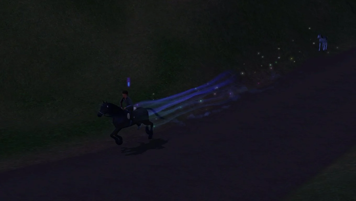 Matthew riding Aasifa the unicorn, galloping down a hill with magical-looking colourful streaks and sparkles trailing behind them.