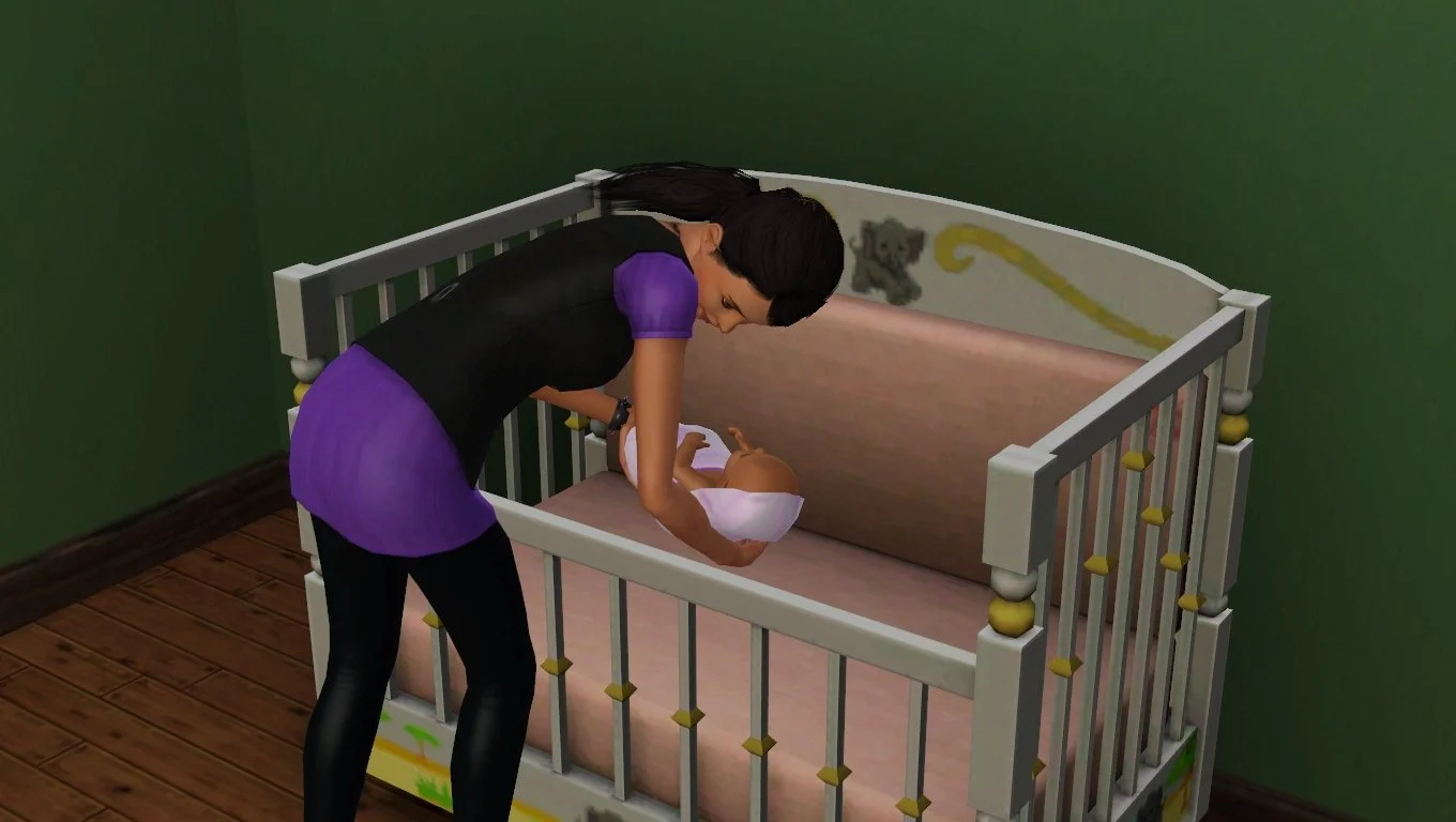 Dorothy lowers baby Mara into her crib, in the green-painted second storey room. Dorothy wears a purple t-shirt, black vest and black leggings.