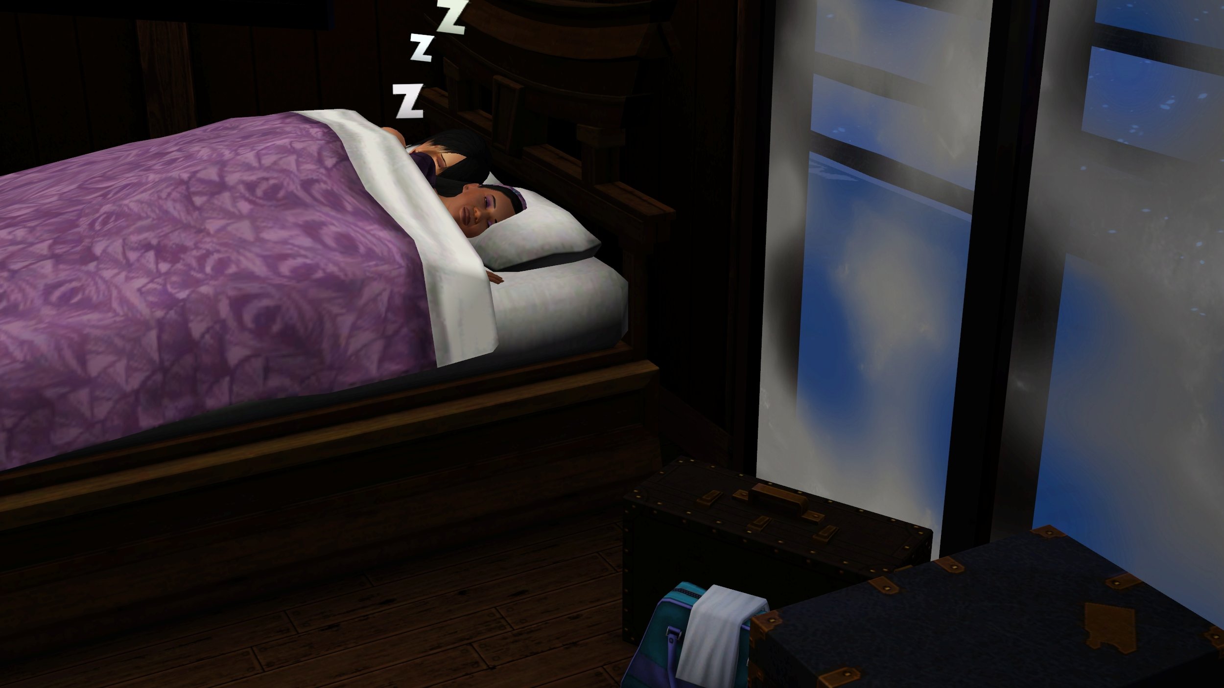 Colette cuddles against Emery’s back as they sleep in bed (z’s above their heads) under the blankets. Next to the bed are a duffel and several suitcases stacked in front of two large windows, frost obscuring the view of the winter night outside.