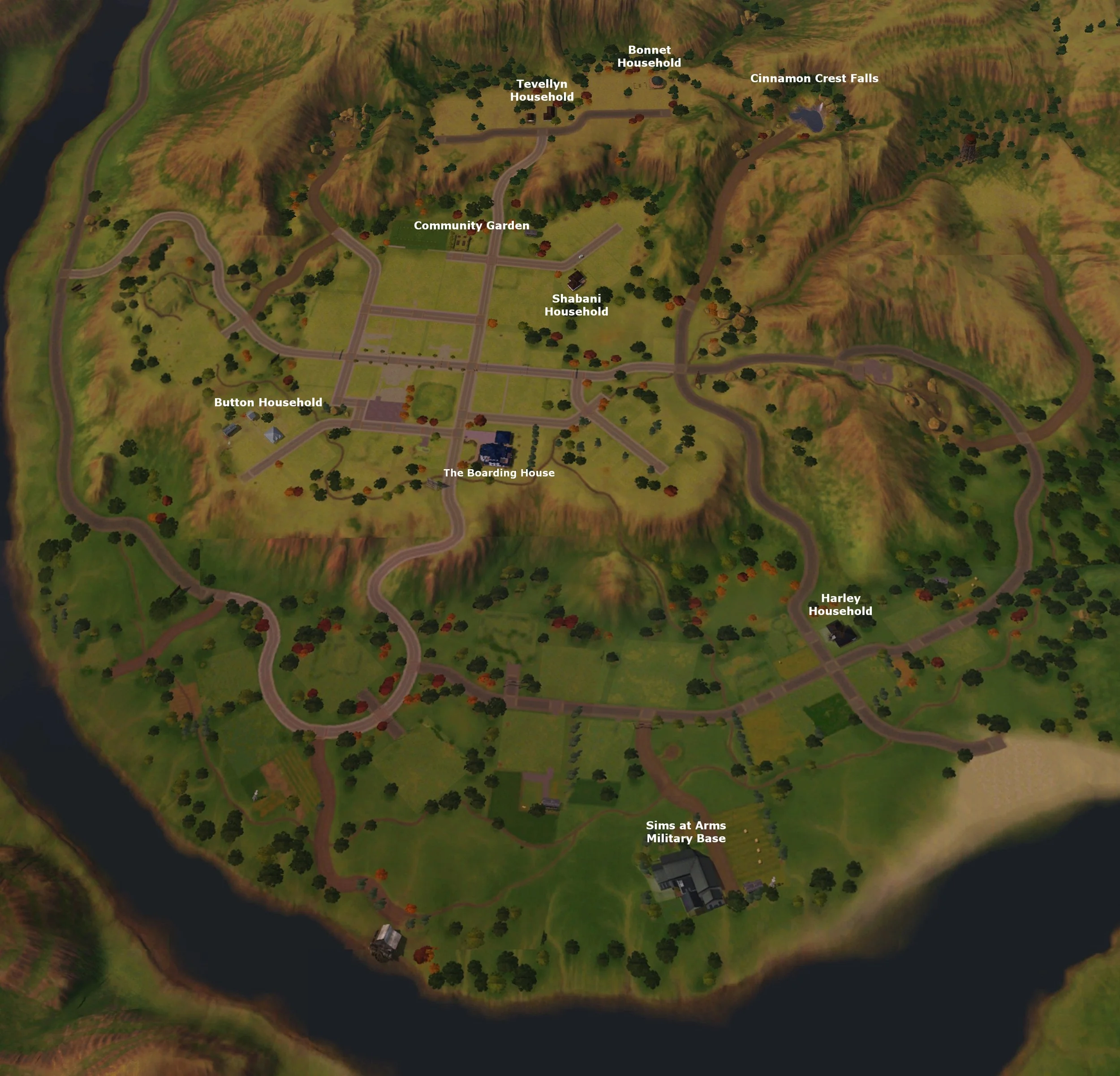 Bird's eye view of Appaloosa Plains Sims 3 world, all original lots removed except 1: Cinnamon Crest Falls. 2 custom Community Lots: Garden, Military Base. 6 Households: Tevellyn, Bonnet, Shabani, Button, "The Boarding House", Harley.