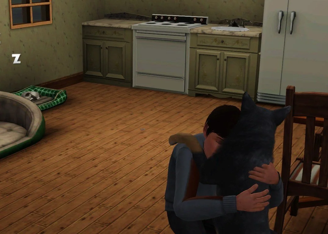 Matthew hugging senior dog Petunia in the foreground while Bellatrix the cat sleeps in a pet bed at the far side of the Button Ranch kitchen.