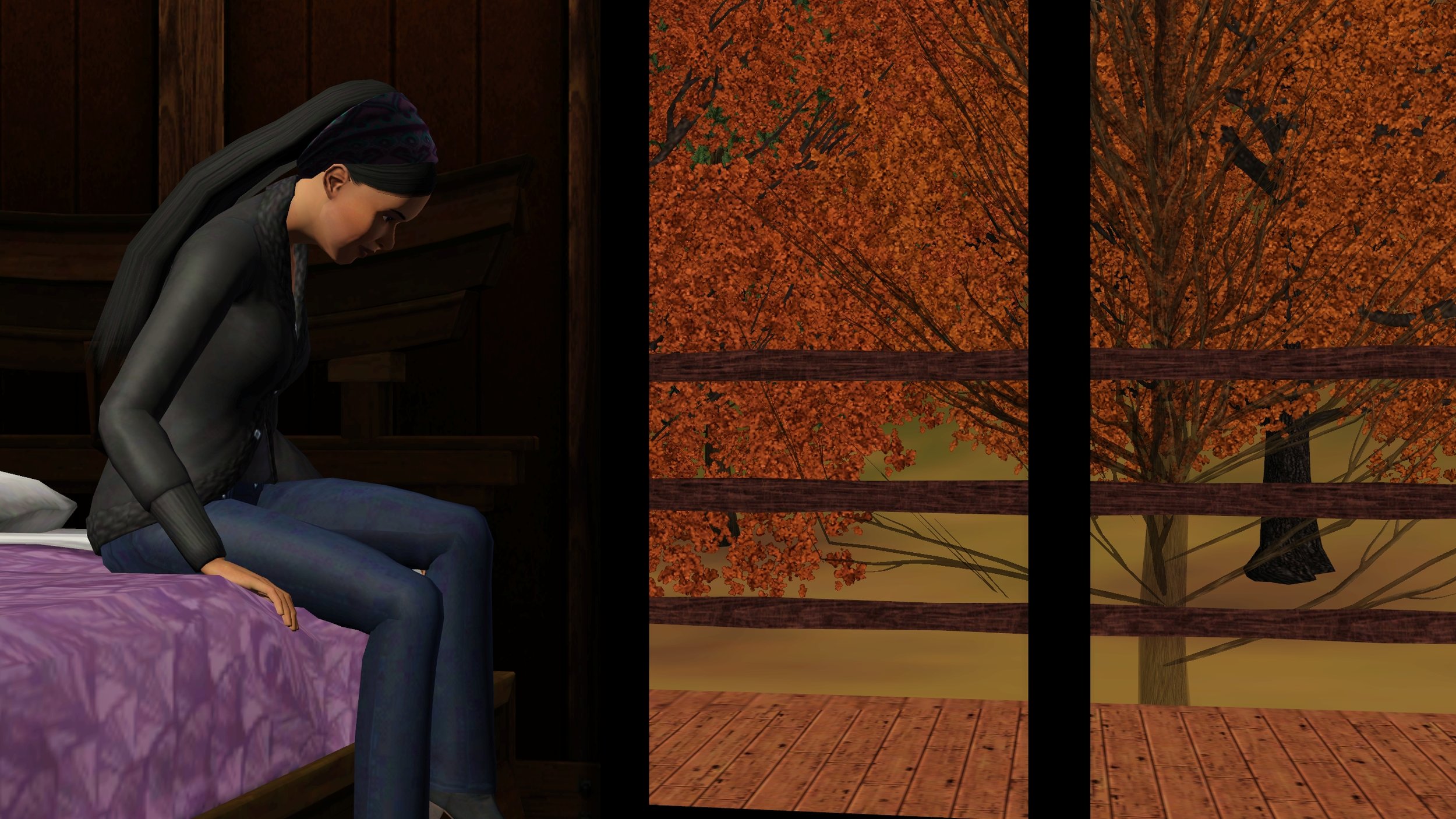 Emery sits at the edge of her bed looking at the floor, wearing a black cozy sweater, jeans and signature headband. The image is dominated by the view of an autumn tree and part of a deck through two large windows next to the bed.